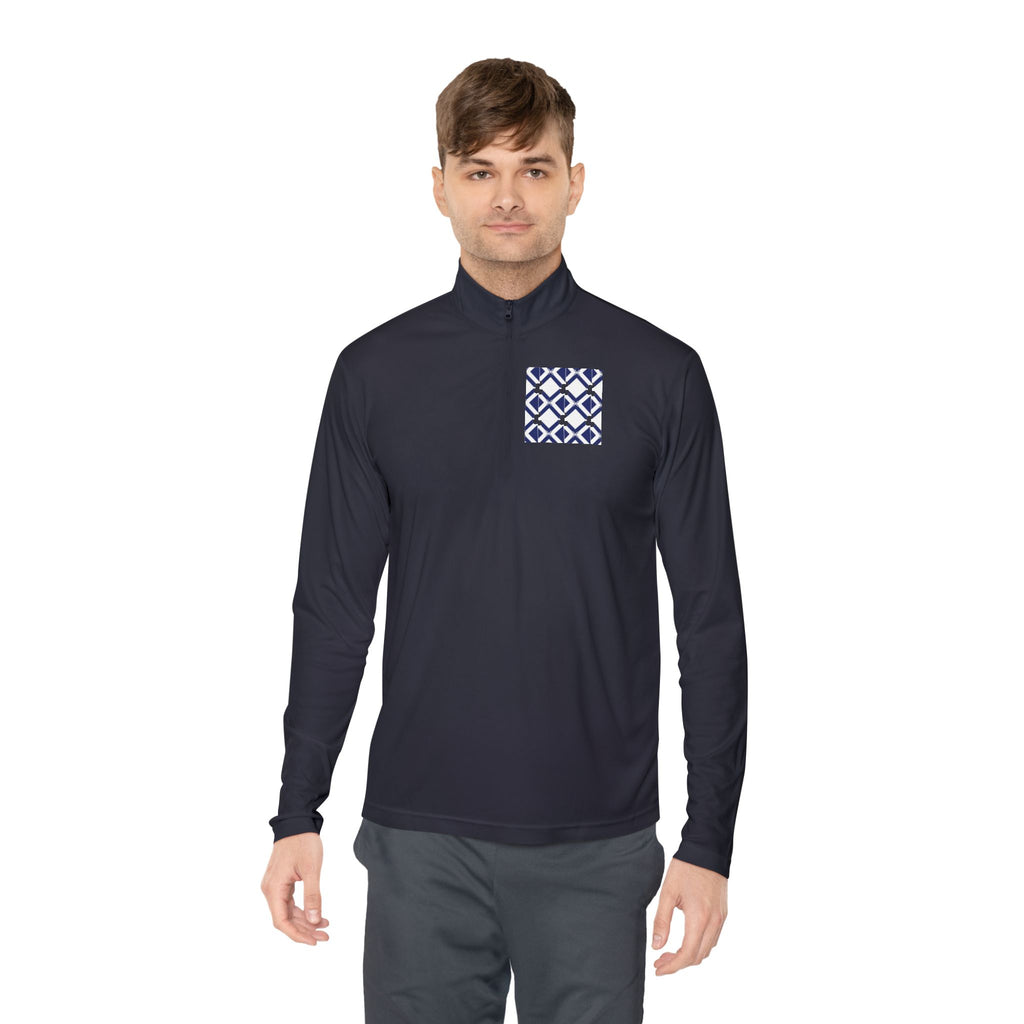 Quarter-Zip Pullover — Navy Geometric Tile Chest Graphic