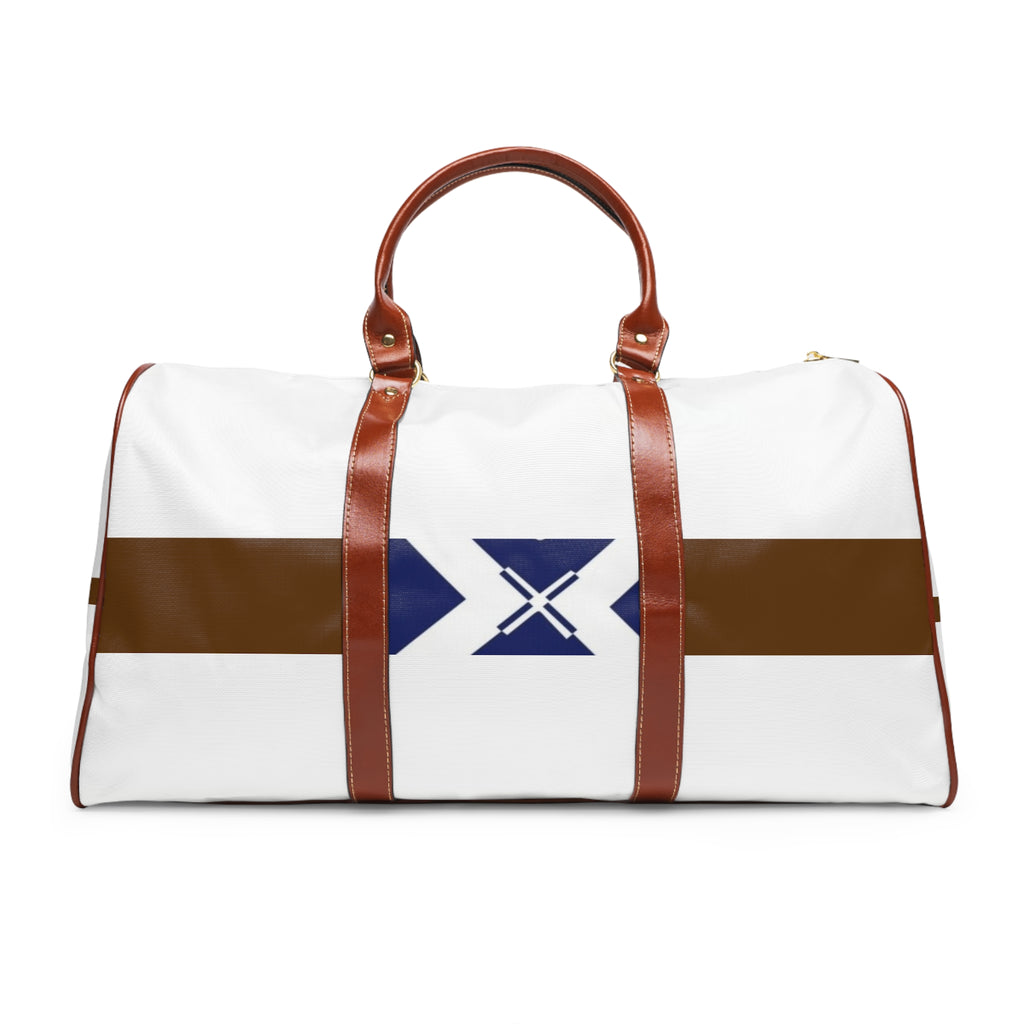 Classic Striped Waterproof Travel Bag — Durable Weekender Duffle with Navy Emblem