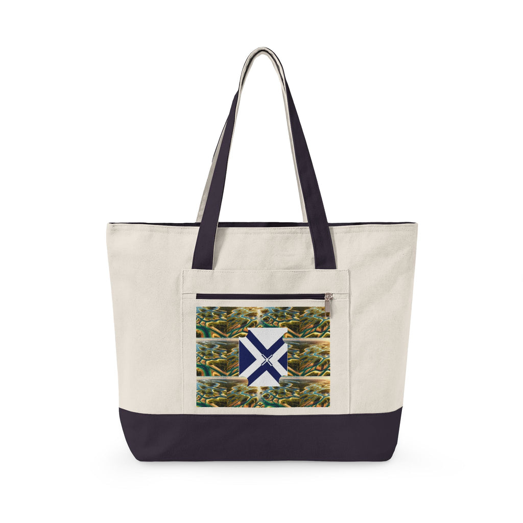 Canvas Tote Bag — Rustic Pine Forest Patch with Navy Saltire