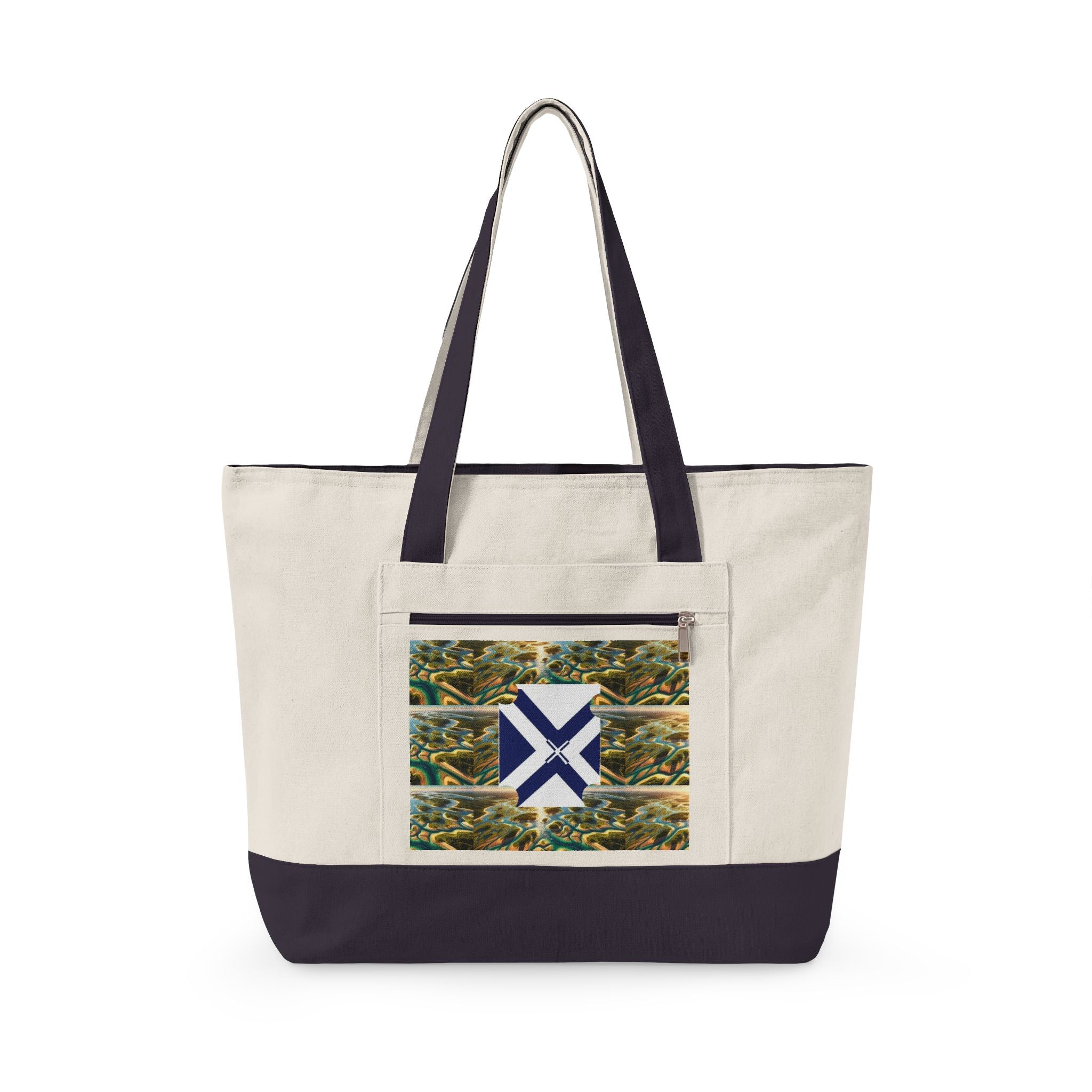 Canvas Tote Bag — Rustic Pine Forest Patch with Navy Saltire