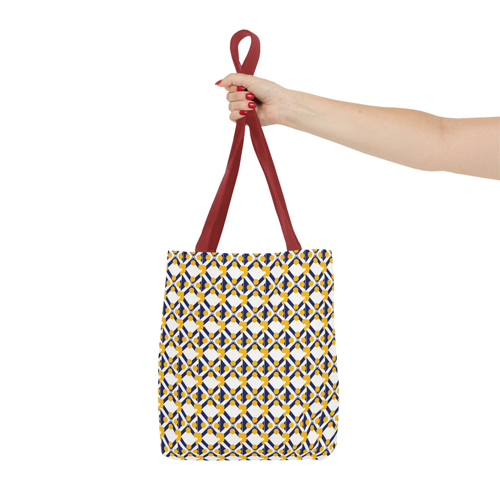 Geometric Mosaic Tote Bag — Yellow & Navy Patterned All-Over Print