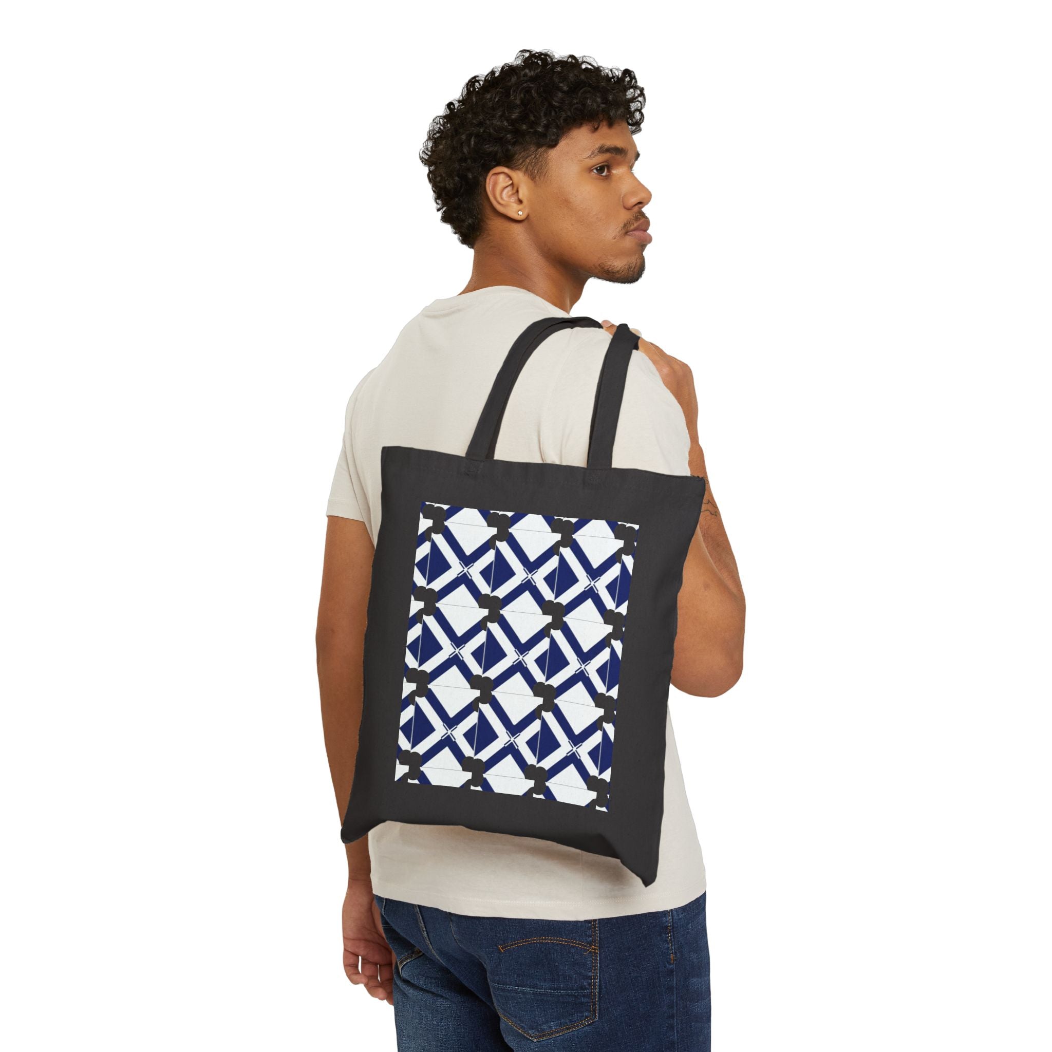 Geometric Navy Pattern Tote Bag — Canvas Grocery & Market Tote