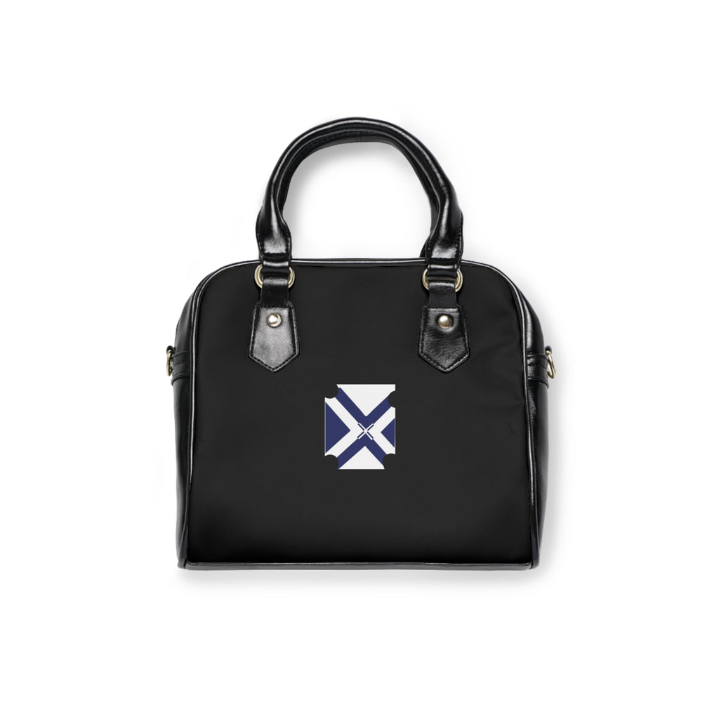 Black Shoulder Handbag with Minimalist Blue Geometric Cross Logo