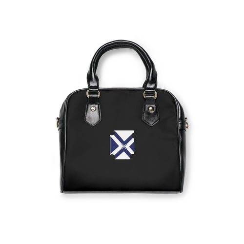 Black Shoulder Handbag with Minimalist Blue Geometric Cross Logo