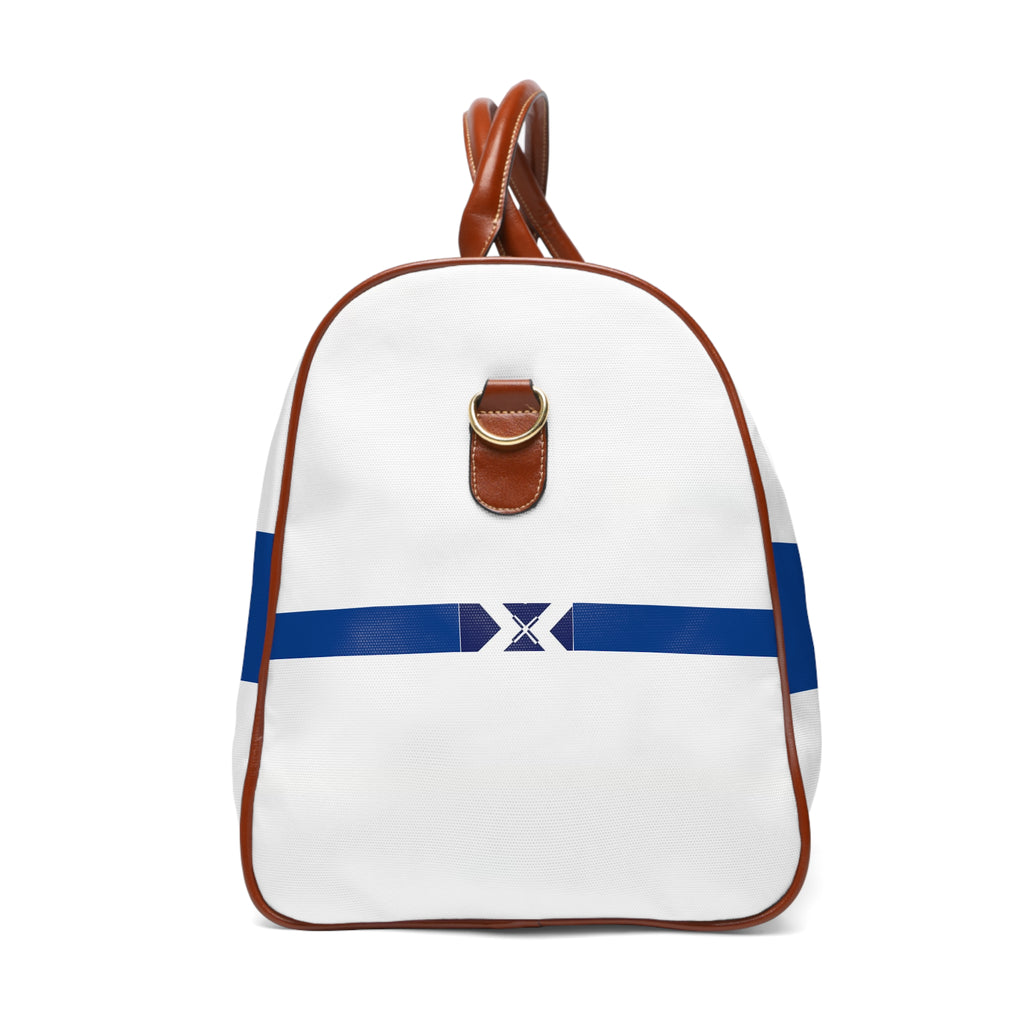 Waterproof Travel Bag — Nautical Blue Stripe Duffle with X Emblem