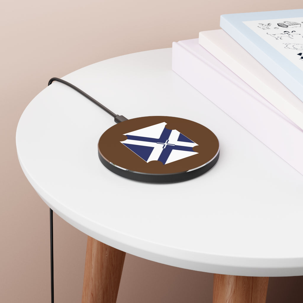 Brown Wireless Charger with Blue White Nautical Cross Design