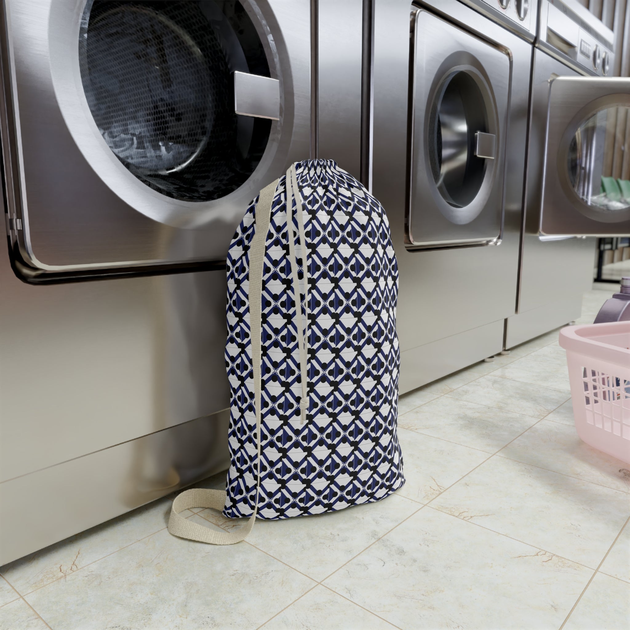 Laundry Bag — Navy Geometric Tile Pattern