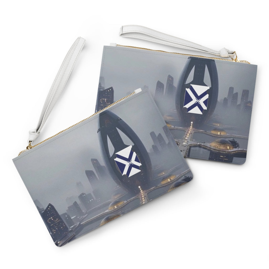 Futuristic Cityscape Clutch Bag — Sci‑Fi Skyline Wristlet with Emblem
