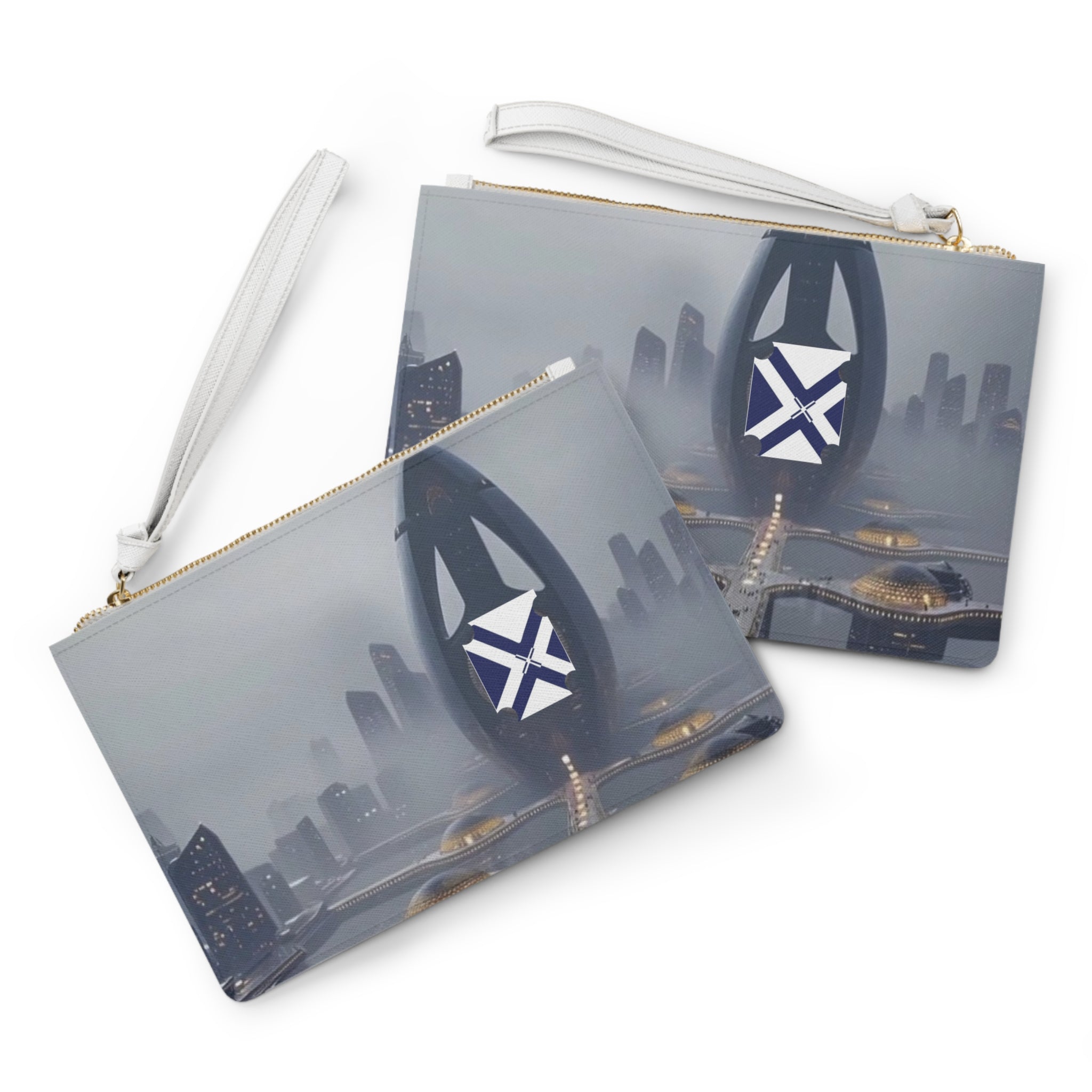 Futuristic Cityscape Clutch Bag — Sci‑Fi Skyline Wristlet with Emblem