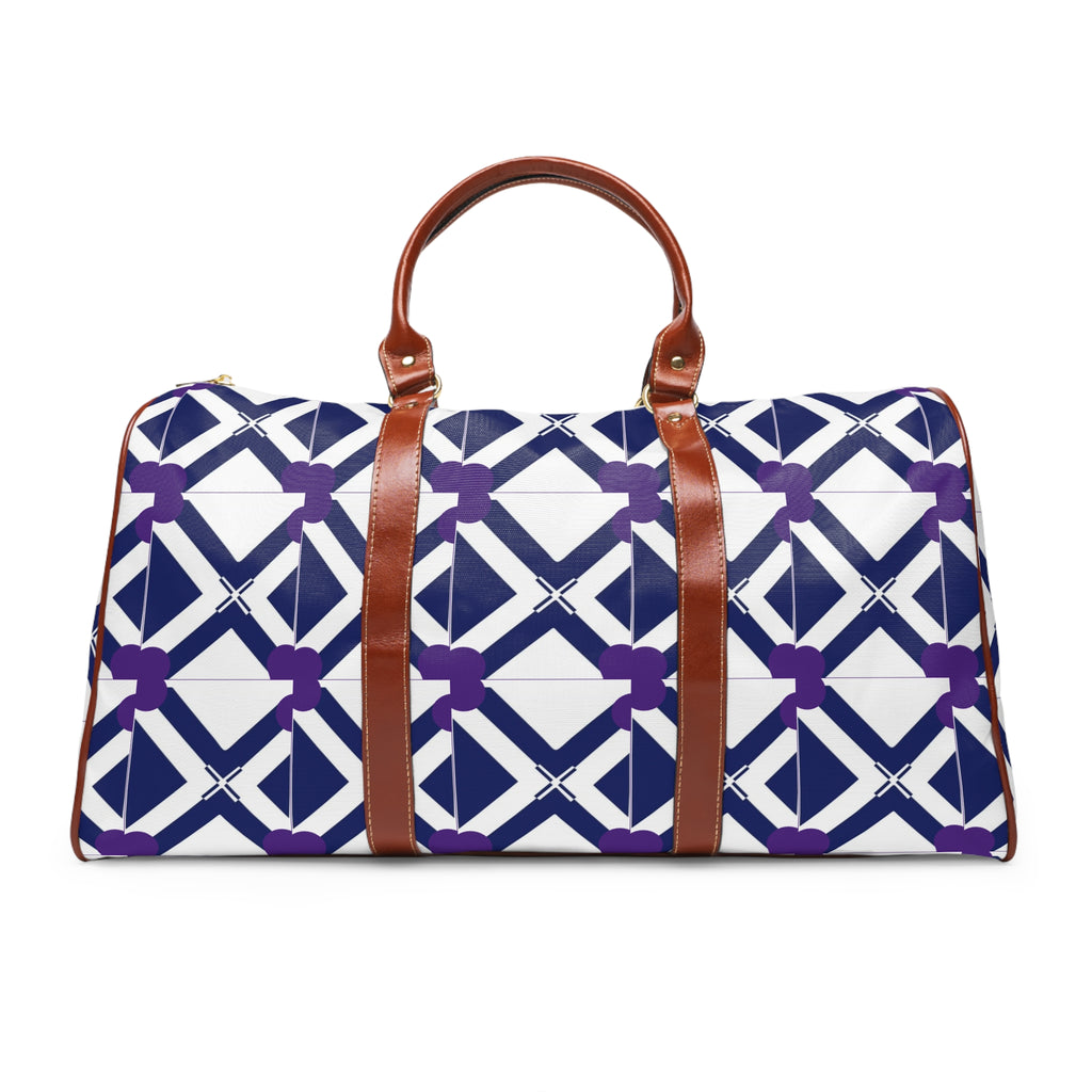 Waterproof Geo-Print Weekender Bag — Navy & Purple Travel Duffle