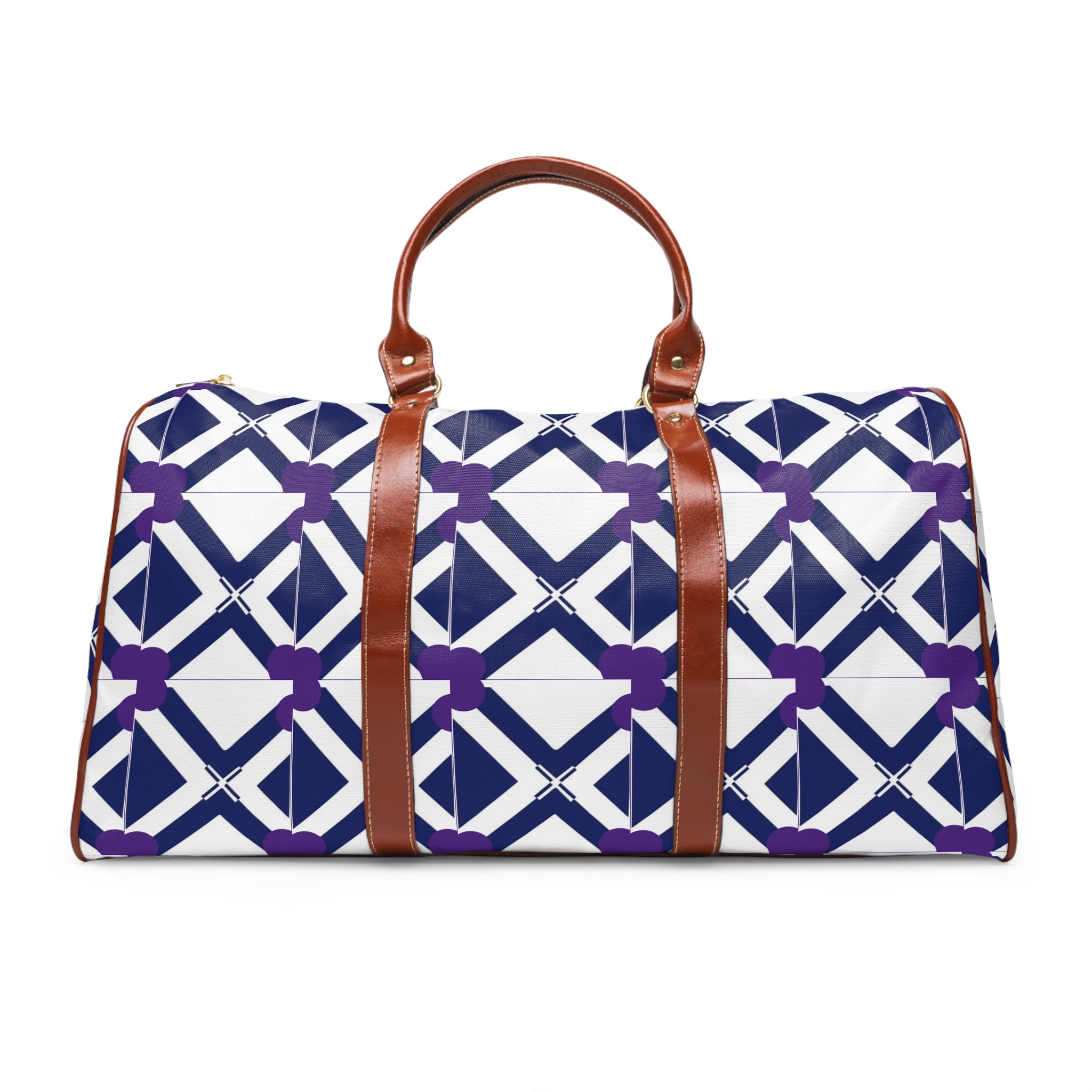 Waterproof Geo-Print Weekender Bag — Navy & Purple Travel Duffle