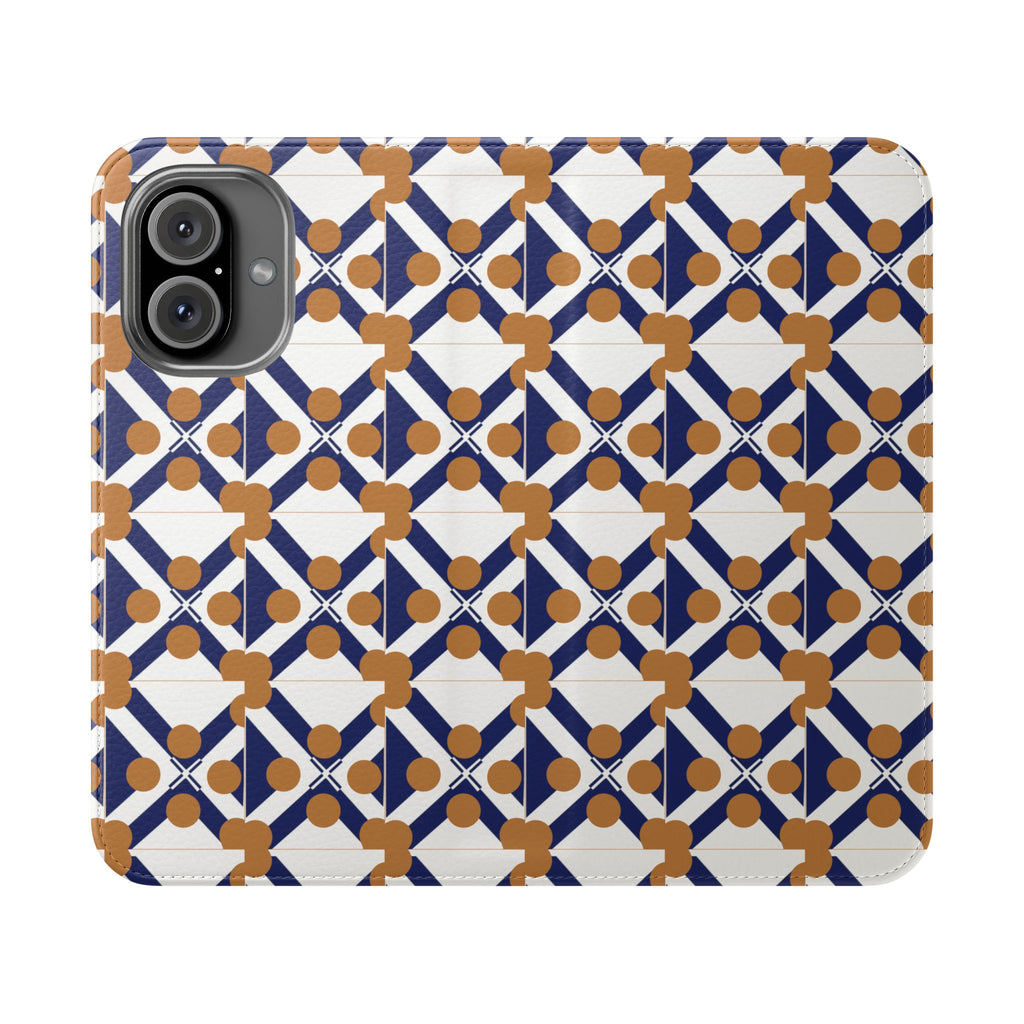 XT7 Tile Flip Phone 16 Case — Navy & Terracotta Pattern Wallet Cover