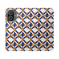 XT7 Tile Flip Phone 16 Case — Navy & Terracotta Pattern Wallet Cover