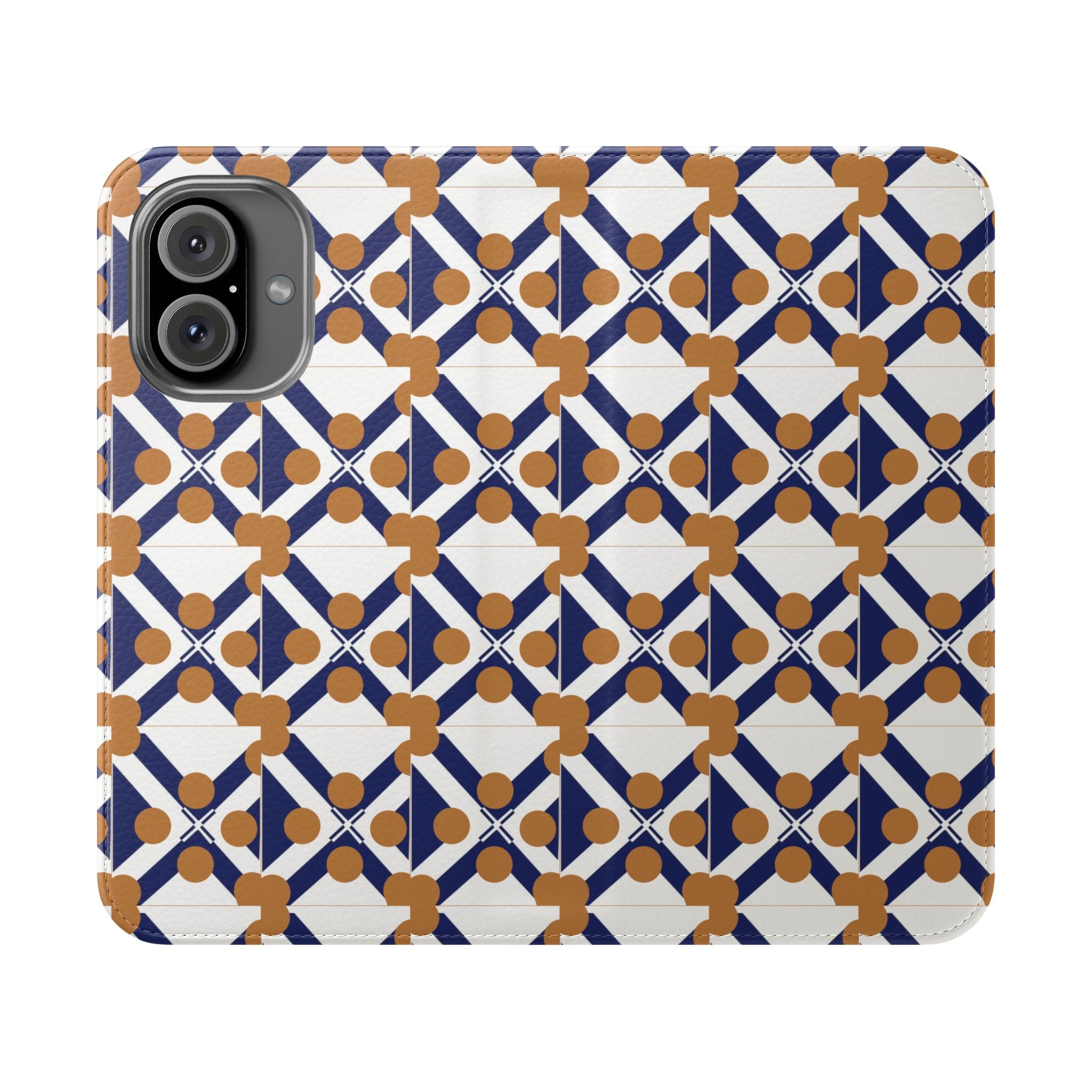 XT7 Tile Flip Phone 16 Case — Navy & Terracotta Pattern Wallet Cover