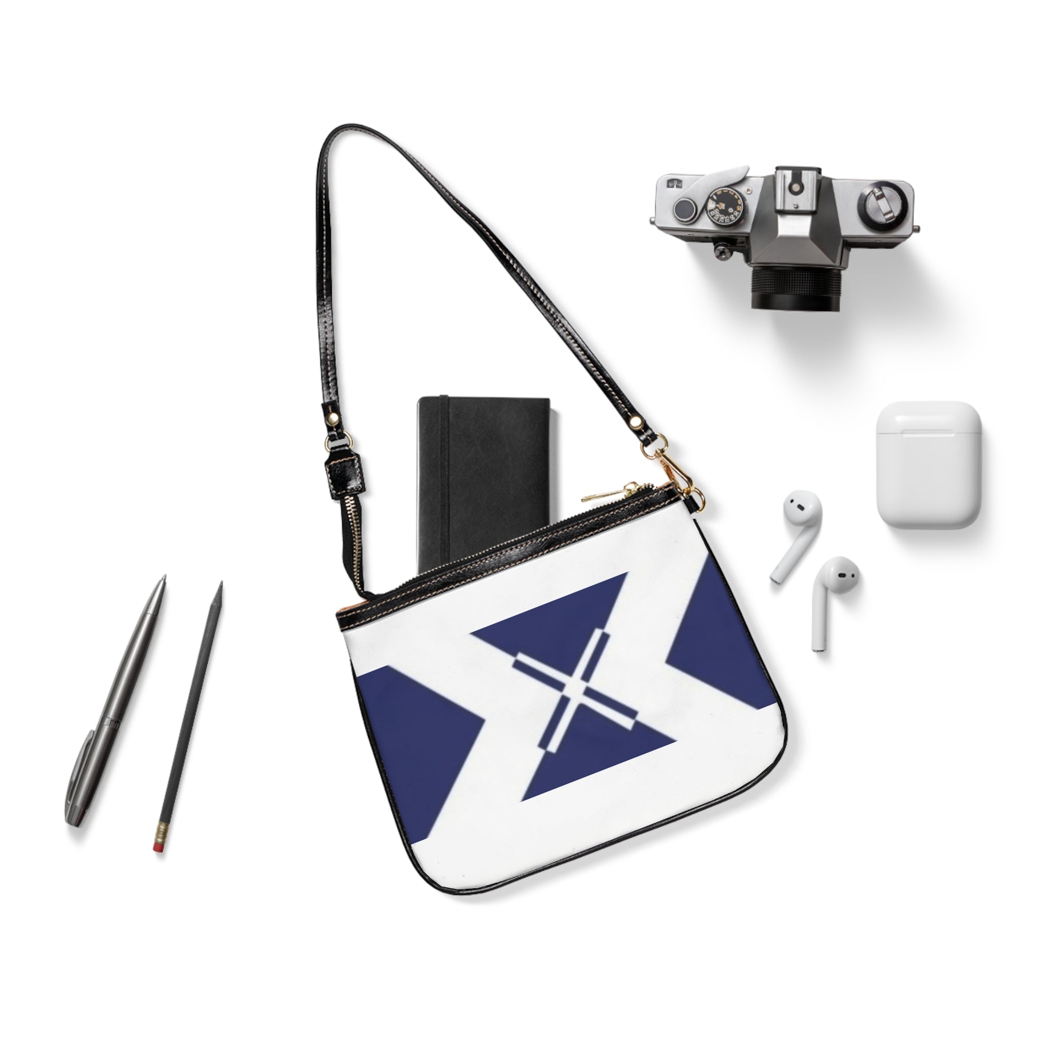 Small Shoulder Bag — Navy Geometric X Print Crossbody Purse