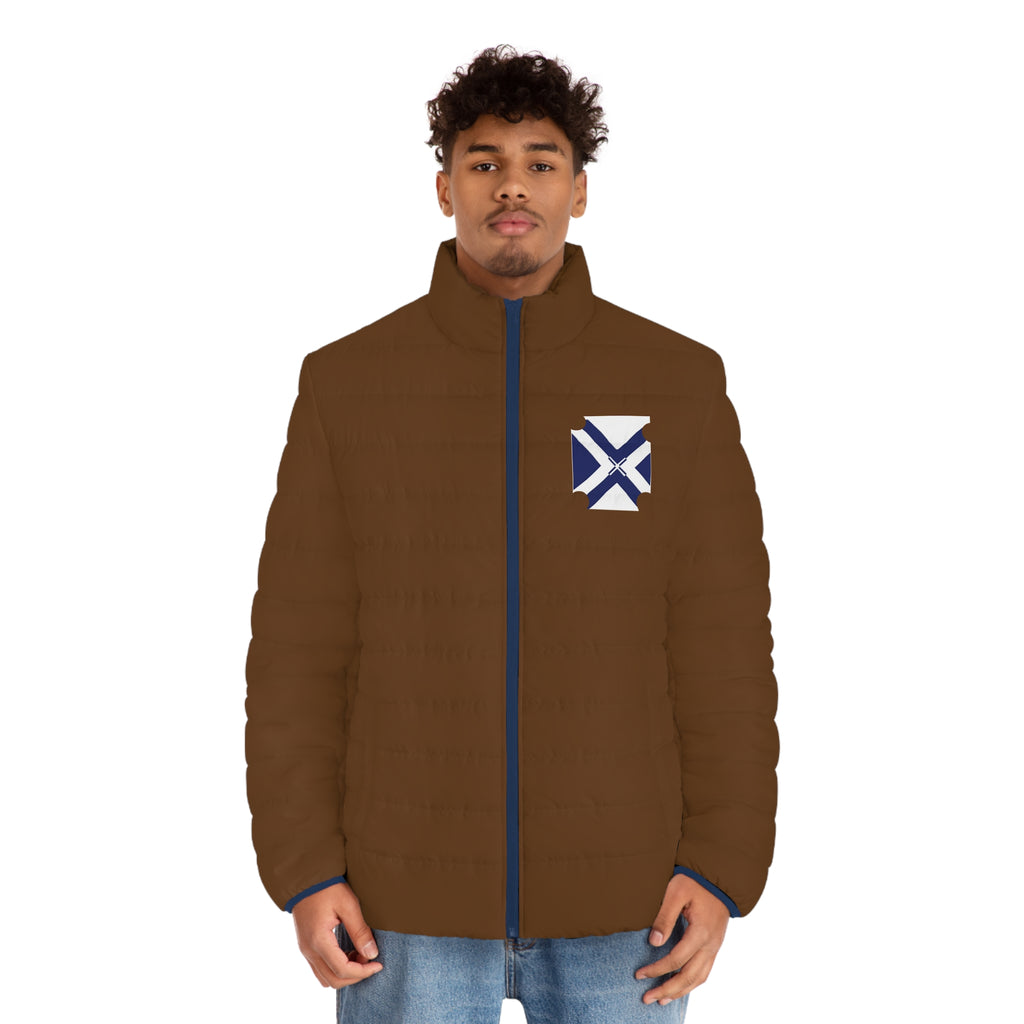 XT7 Brown Puffer Jacket with Geometric Patch — Men's Lightweight Quilted Coat