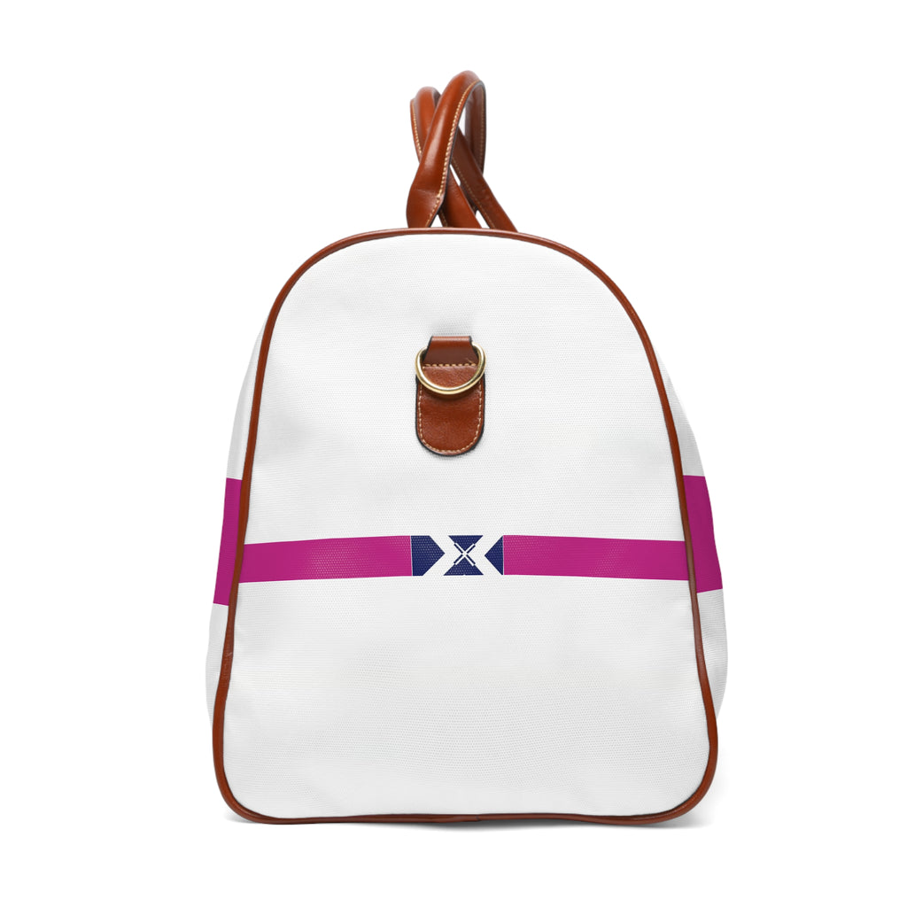 Waterproof Travel Bag — White Weekend Duffel with Magenta Stripe & Navy X Accent