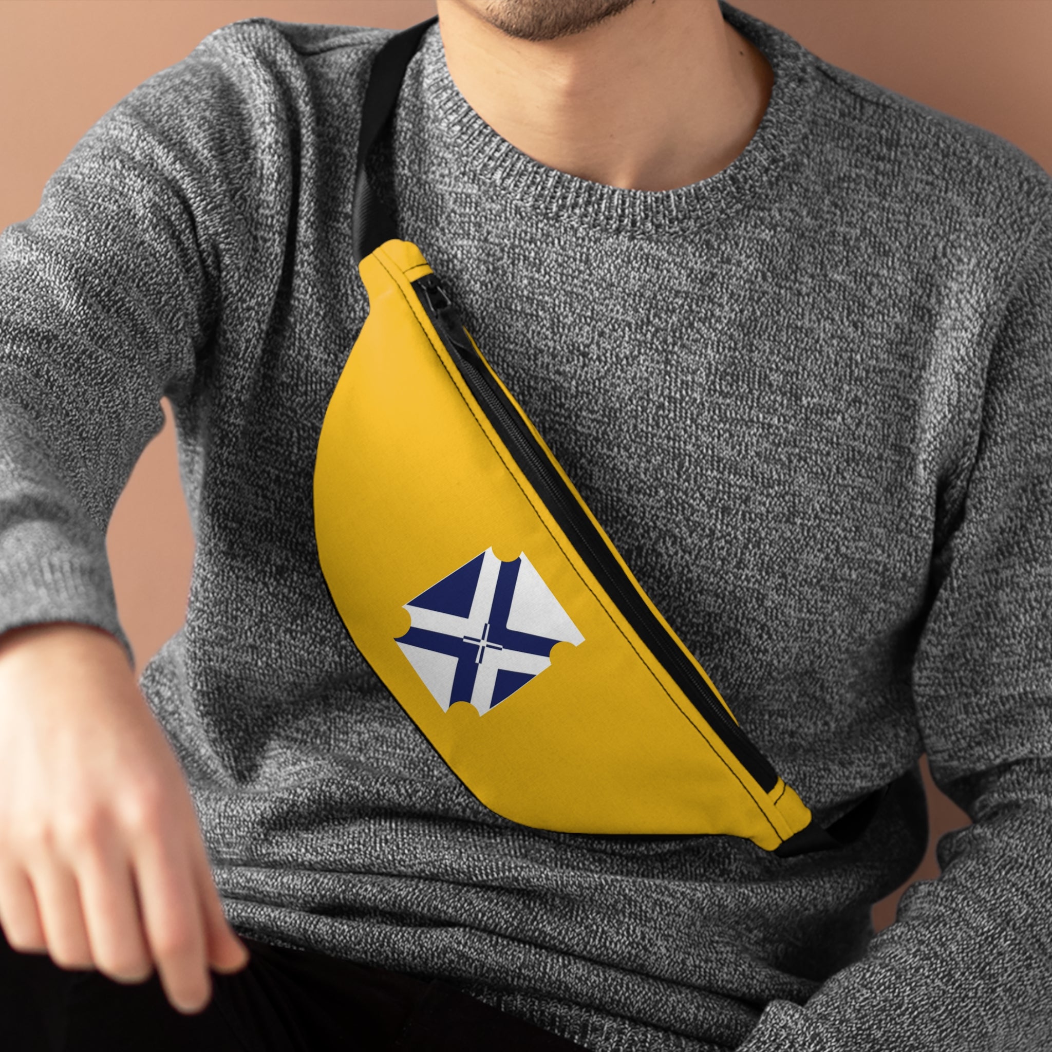 Yellow Fanny Pack with Blue White Nordic Cross Patch — Casual Travel Waist Bag
