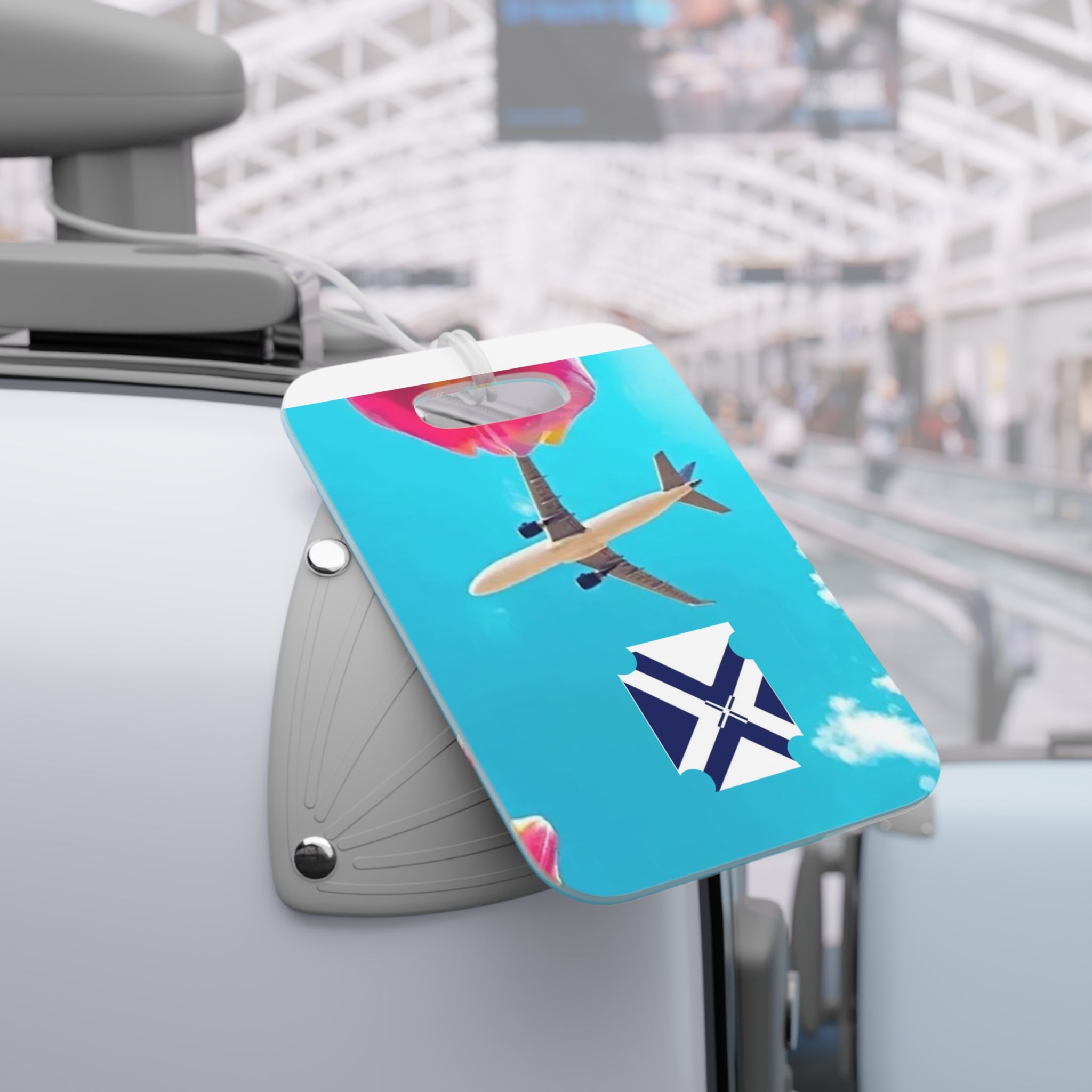 Airplane Sky Luggage Tag — Bright Blue Travel ID with Plane & Heart Balloons