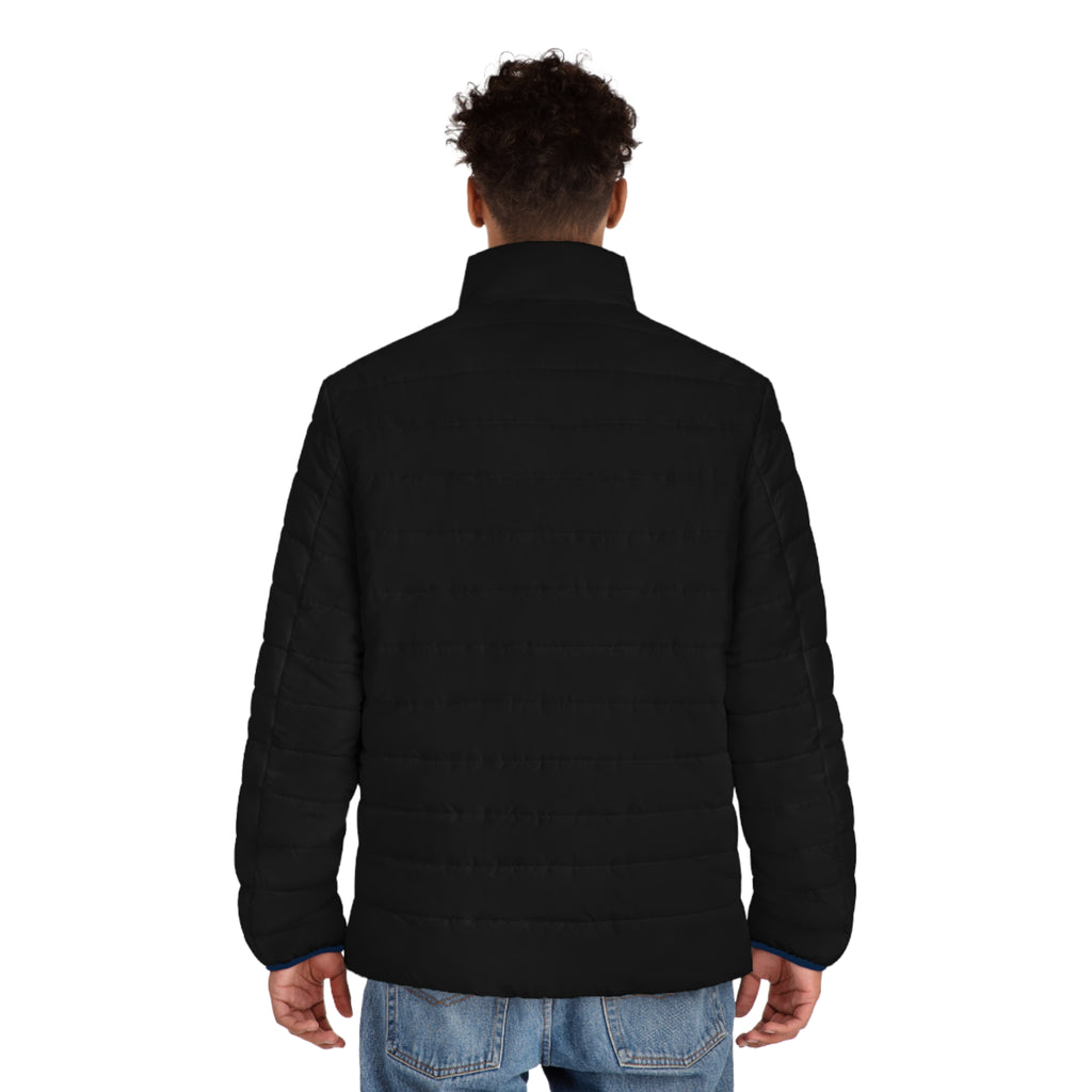 Men's Black Puffer Jacket with Blue Trim & Geometric Patch