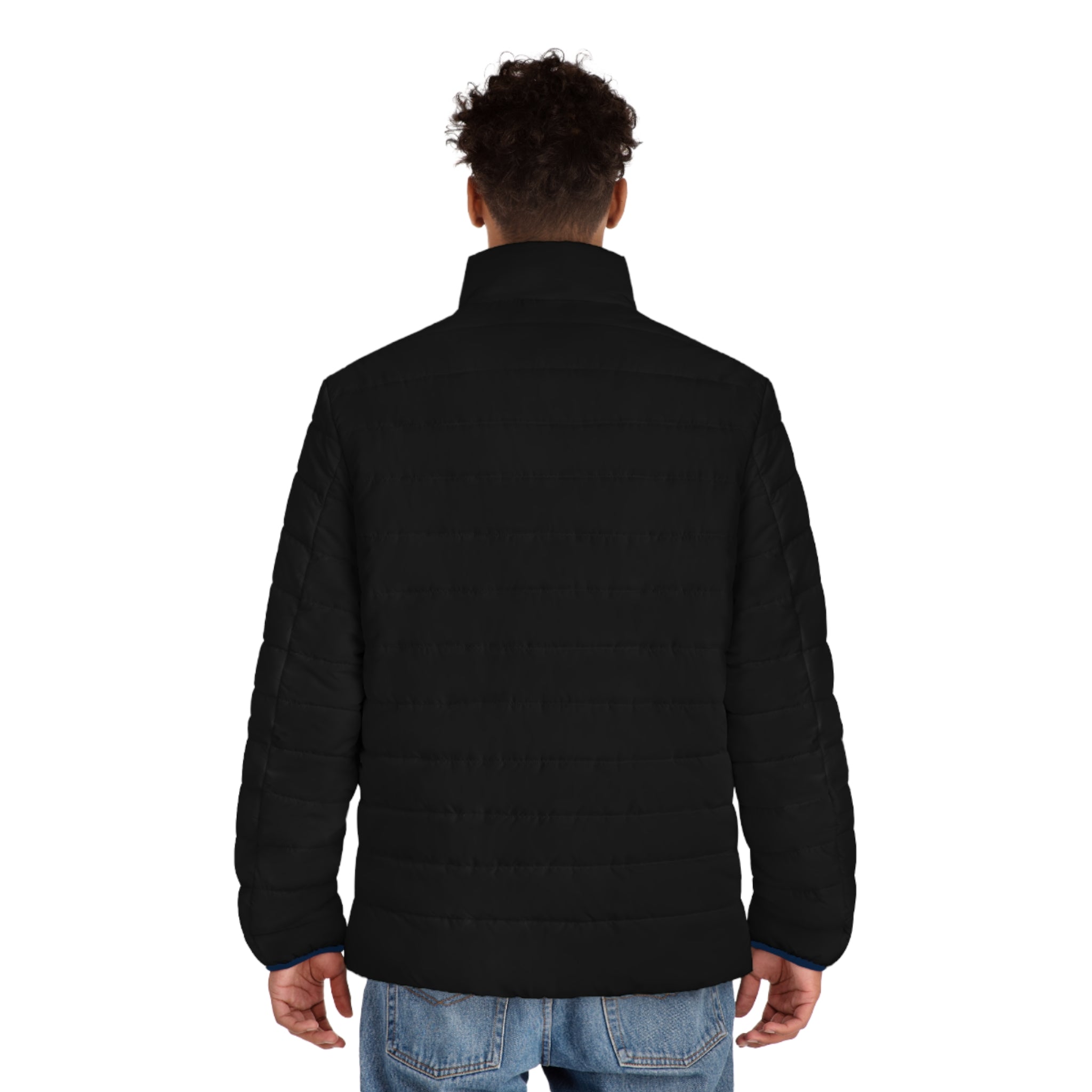 Men's Black Puffer Jacket with Blue Trim & Geometric Patch