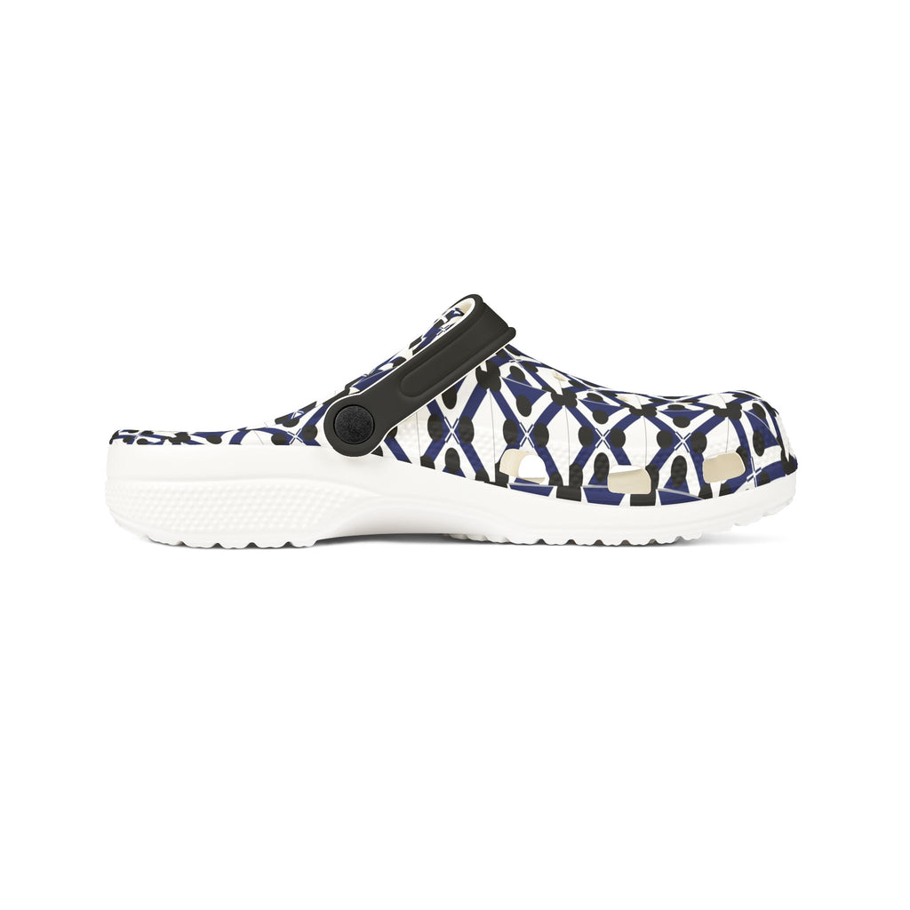 Patterned EVA Foam Clogs — Navy Geometric All-Over Print
