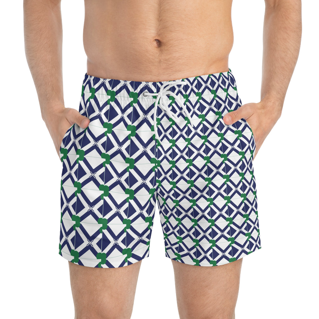 Swim Trunks — Navy Geometric Lattice Pattern with Green Accents