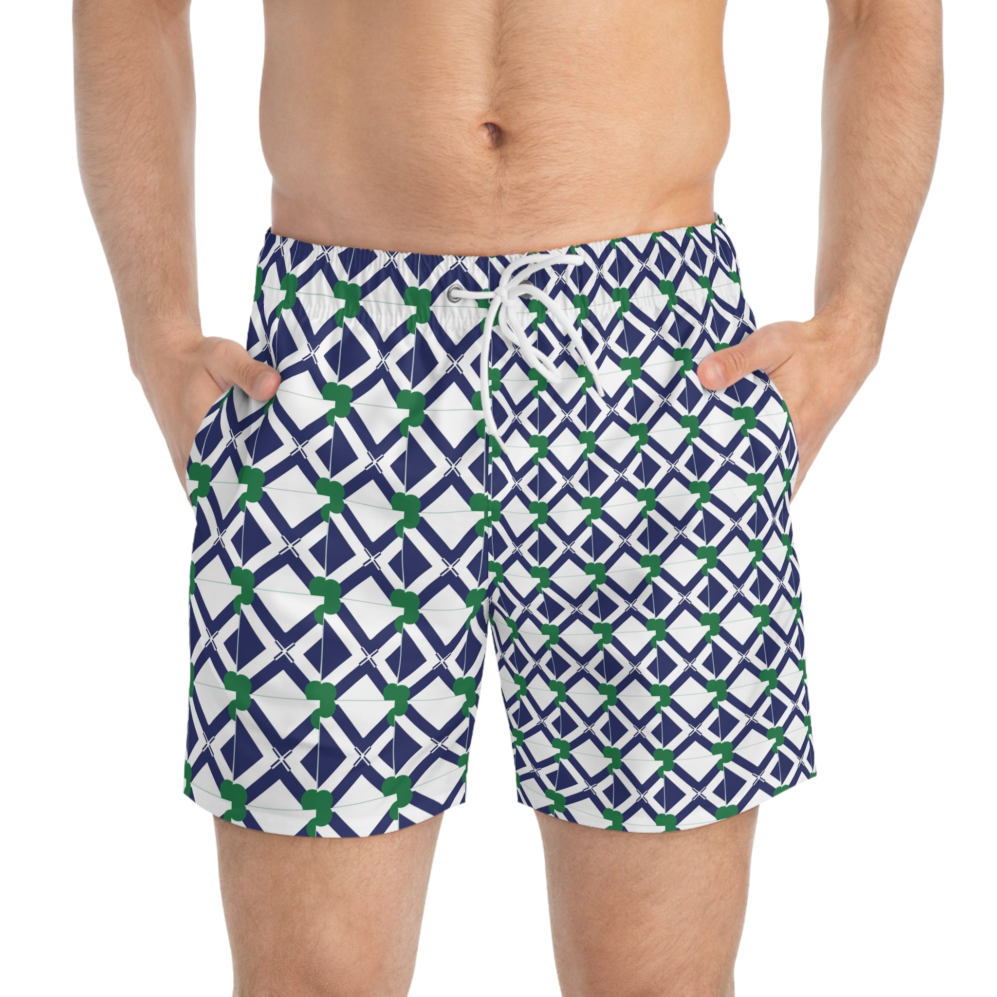 Swim Trunks — Navy Geometric Lattice Pattern with Green Accents