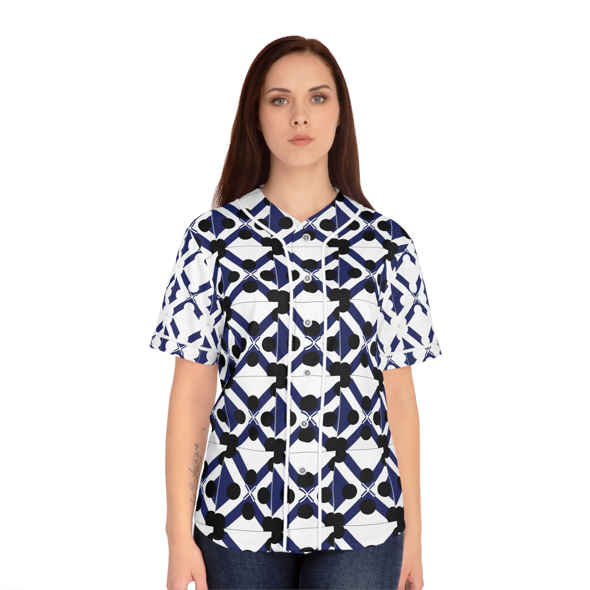Women's Baseball Jersey — Navy Geo Tile All-Over Print