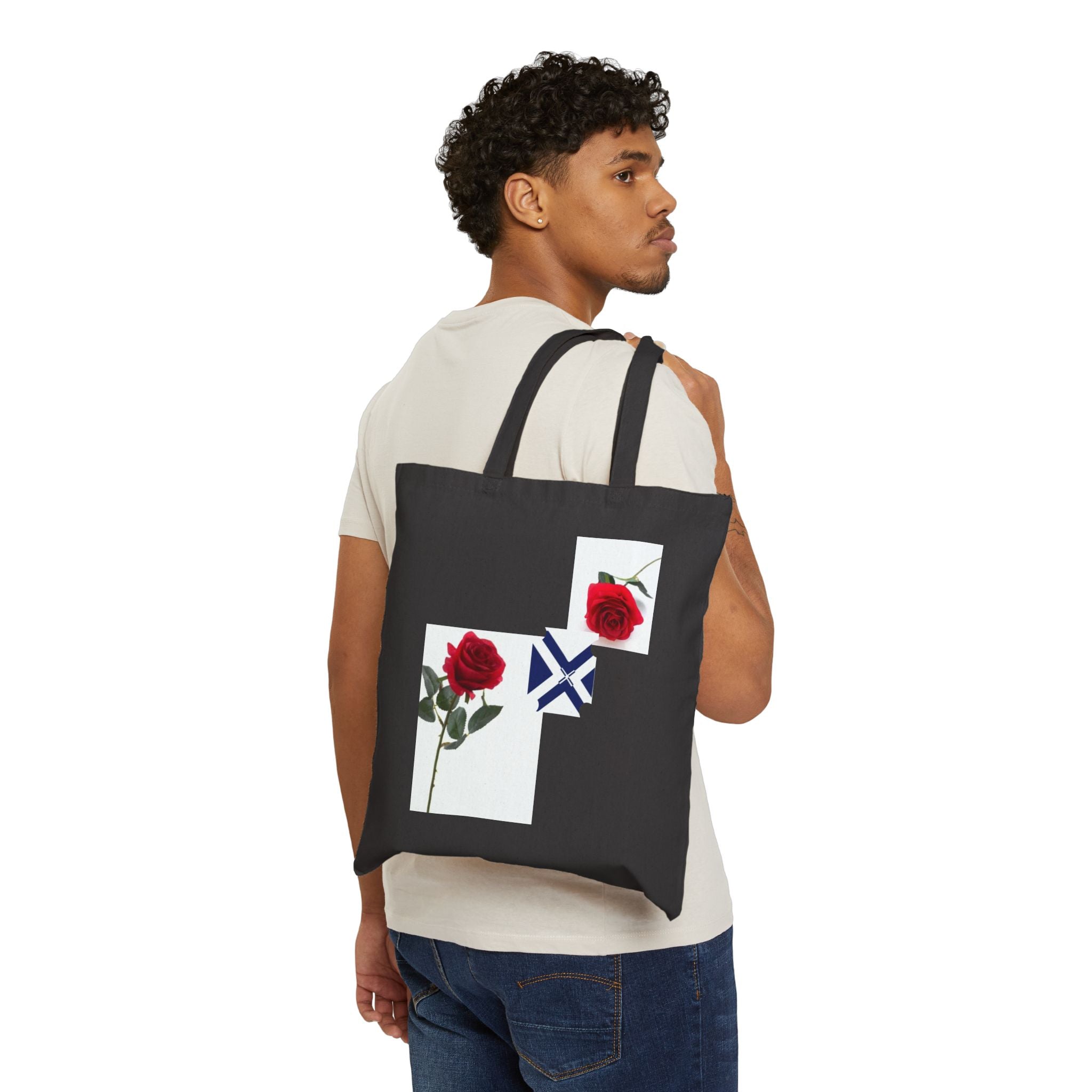 Canvas Tote Bag — Red Rose Floral Design with Geometric Emblem