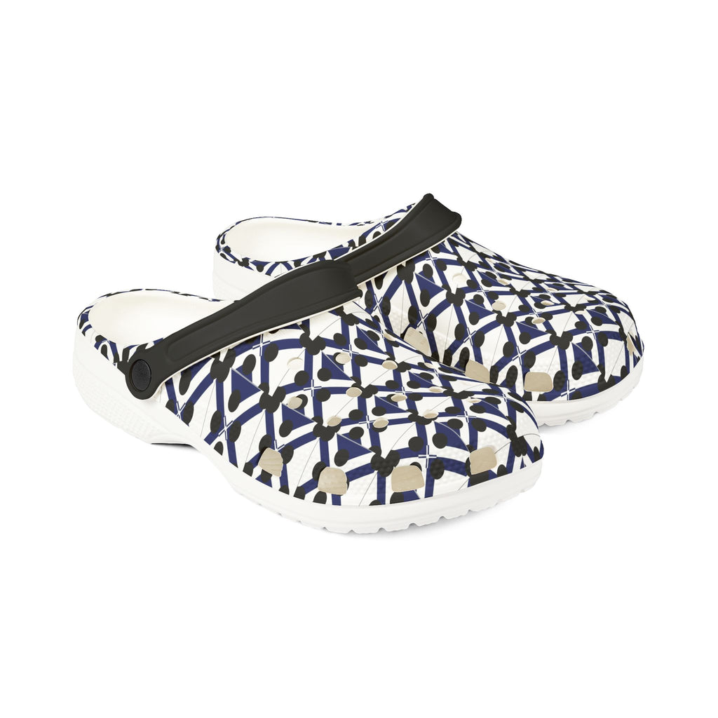 Patterned EVA Foam Clogs — Navy Geometric All-Over Print