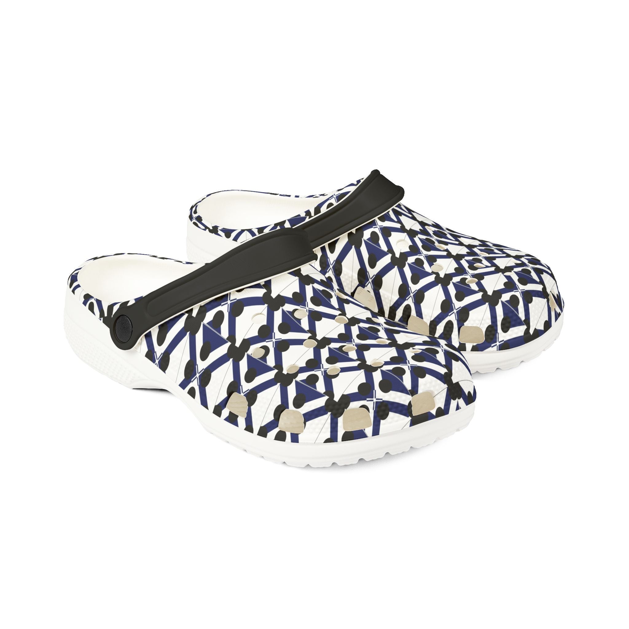 Patterned EVA Foam Clogs — Navy Geometric All-Over Print