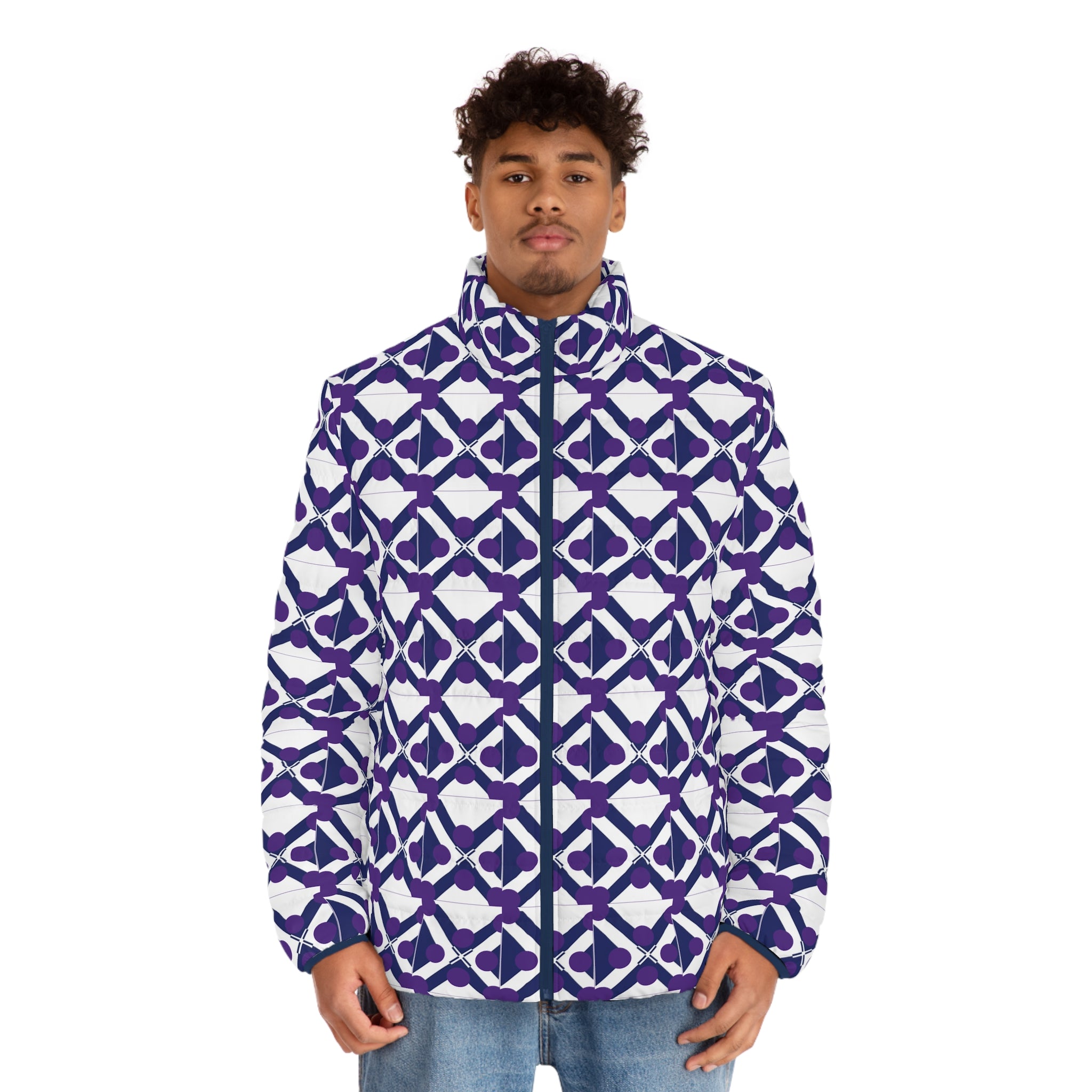 Geometric Indigo Puffer Jacket
