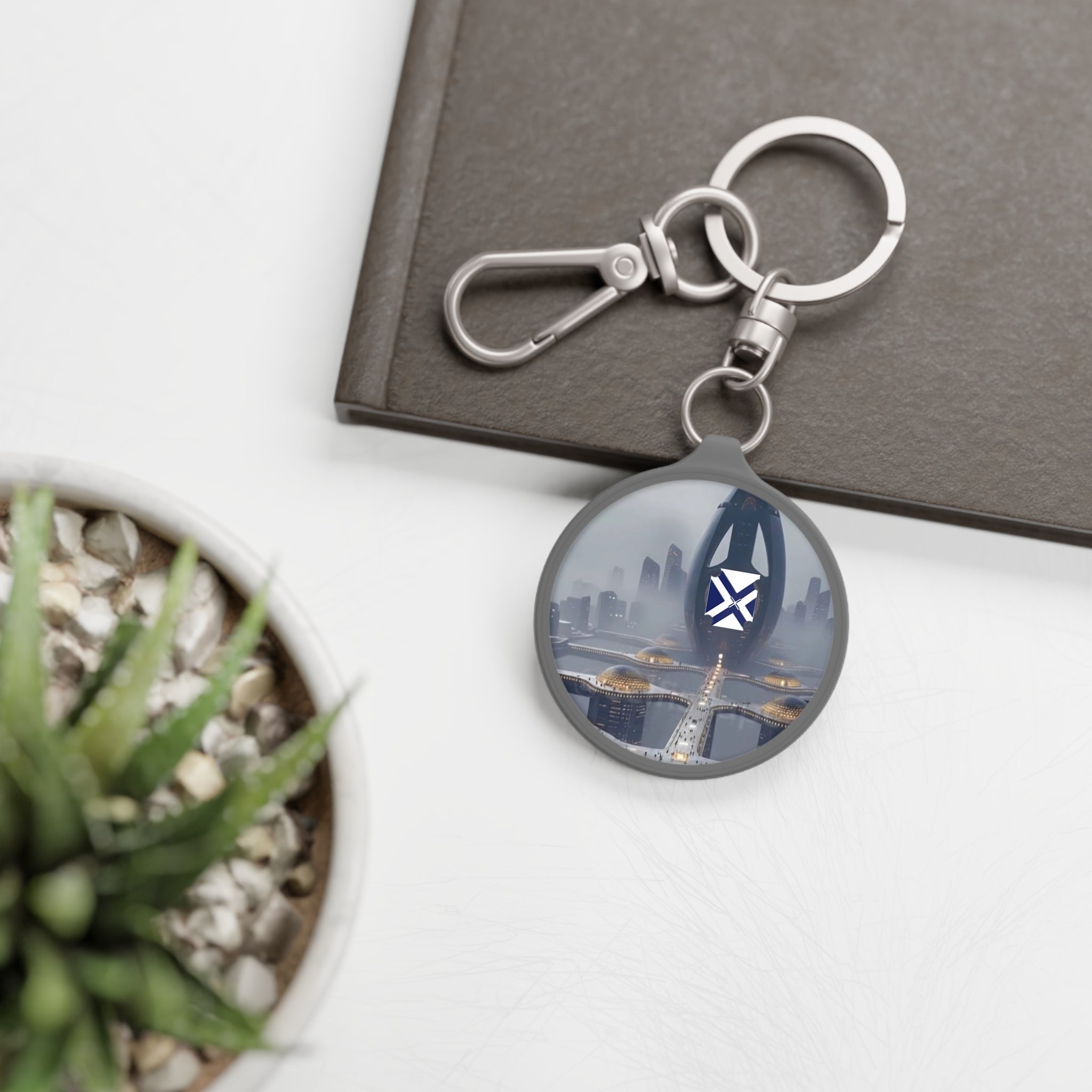 Futuristic Cityscape Keyring Tag — Sci‑Fi Skyline Keychain
