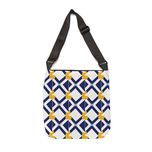 Geometric Navy & Gold Adjustable Tote Bag — Modern Lattice Pattern