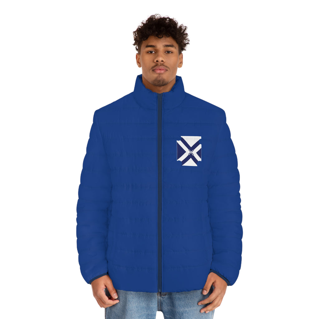 Men's Blue Puffer Jacket with Minimal Geometric Logo — Insulated Winter Coat