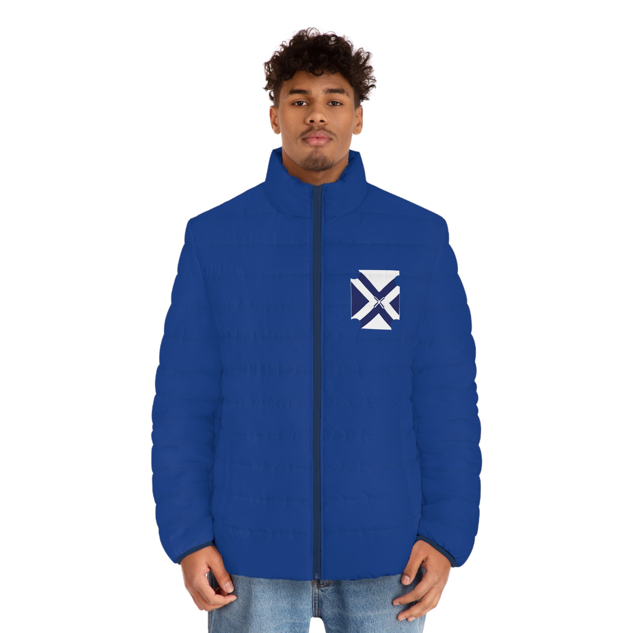 Men's Blue Puffer Jacket with Minimal Geometric Logo — Insulated Winter Coat