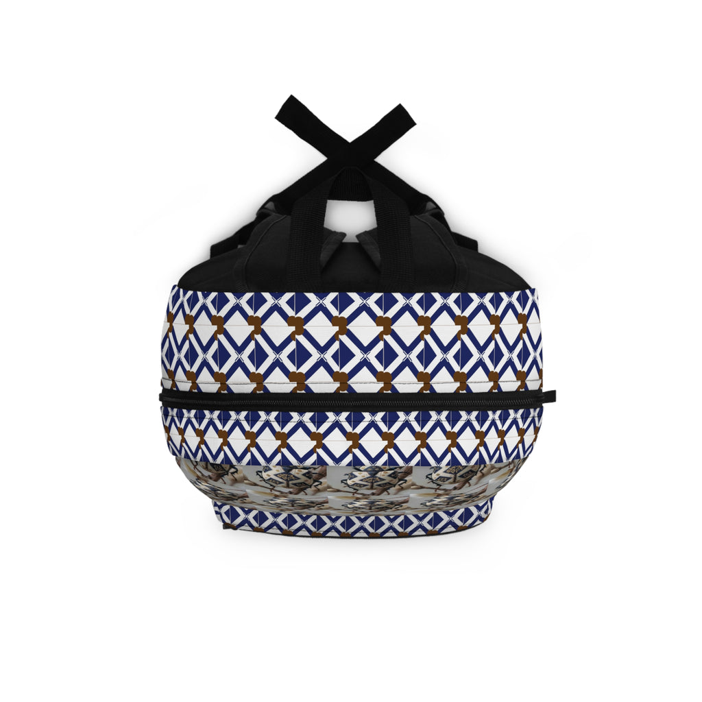 Geometric Neutral Cat Pattern Backpack — Blue & Brown Tiled Print School Bag