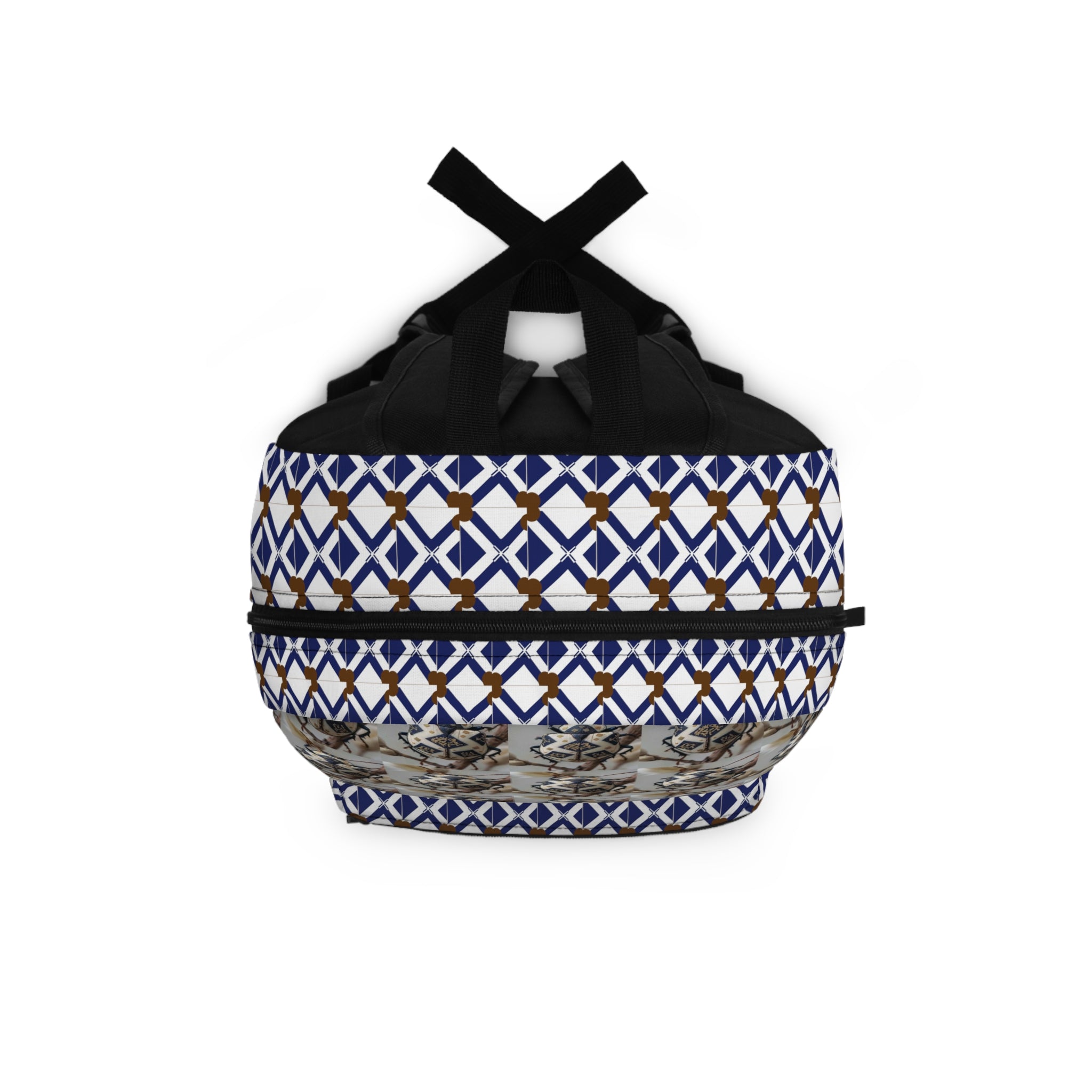 Geometric Neutral Cat Pattern Backpack — Blue & Brown Tiled Print School Bag