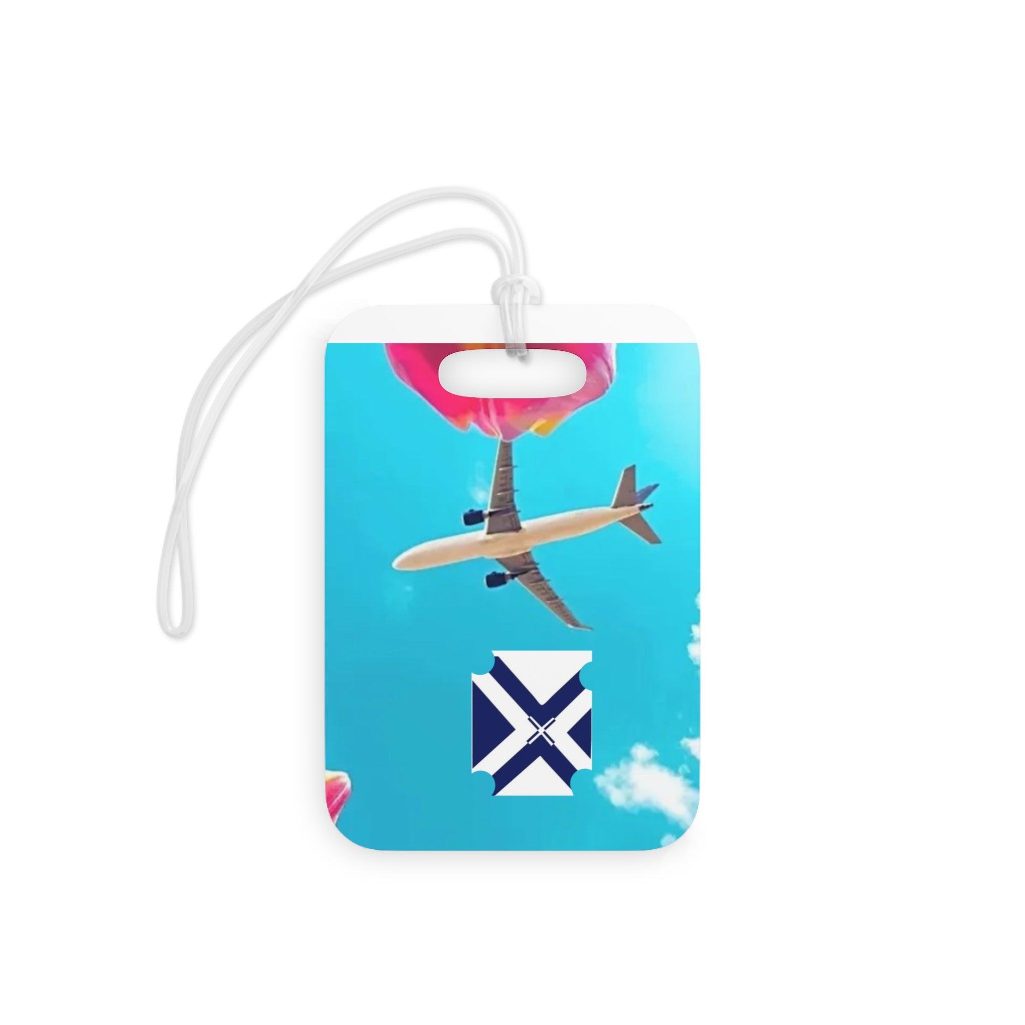 Airplane Sky Luggage Tag — Bright Blue Travel ID with Plane & Heart Balloons