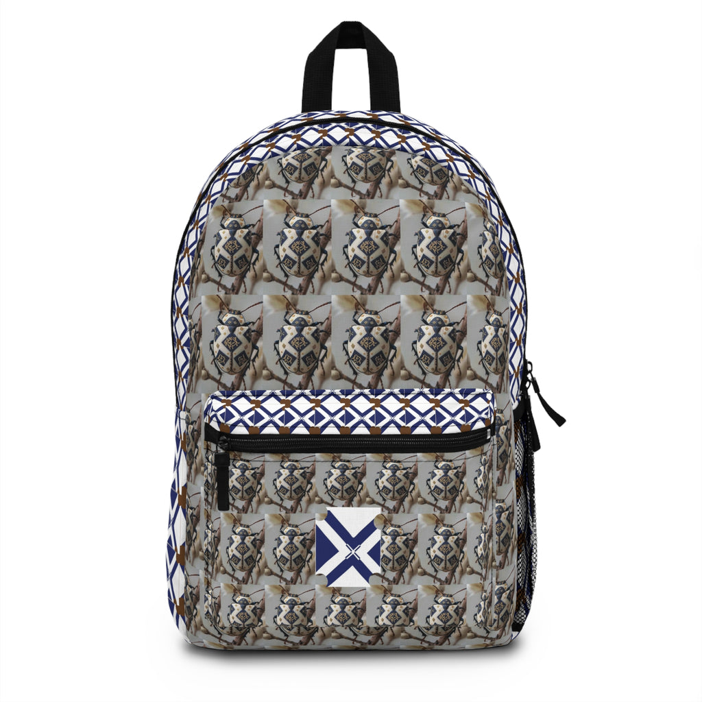 Geometric Neutral Cat Pattern Backpack — Blue & Brown Tiled Print School Bag