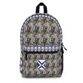 Geometric Neutral Cat Pattern Backpack — Blue & Brown Tiled Print School Bag