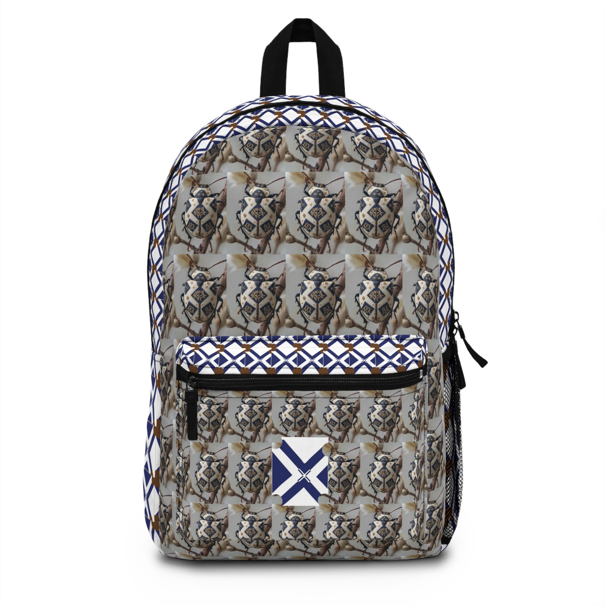 Geometric Neutral Cat Pattern Backpack — Blue & Brown Tiled Print School Bag