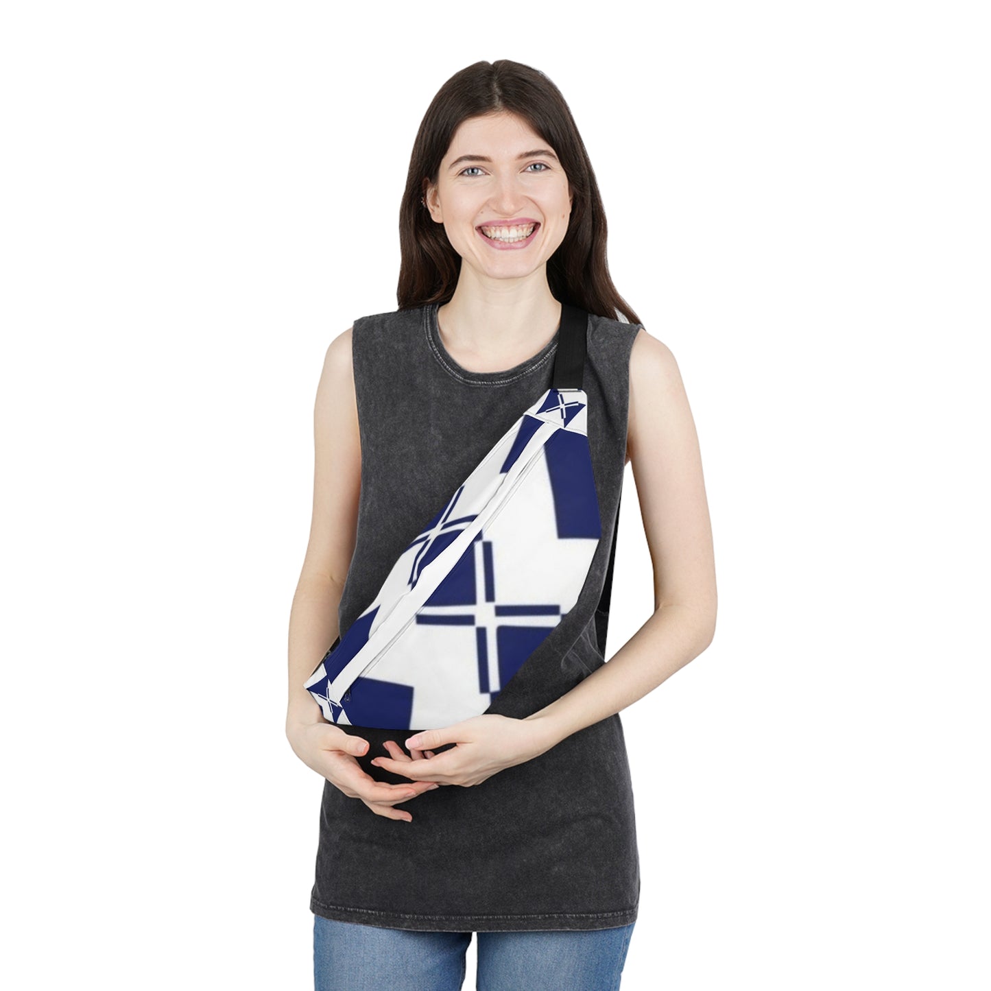 Navy Geometric Cross Pattern Fanny Pack