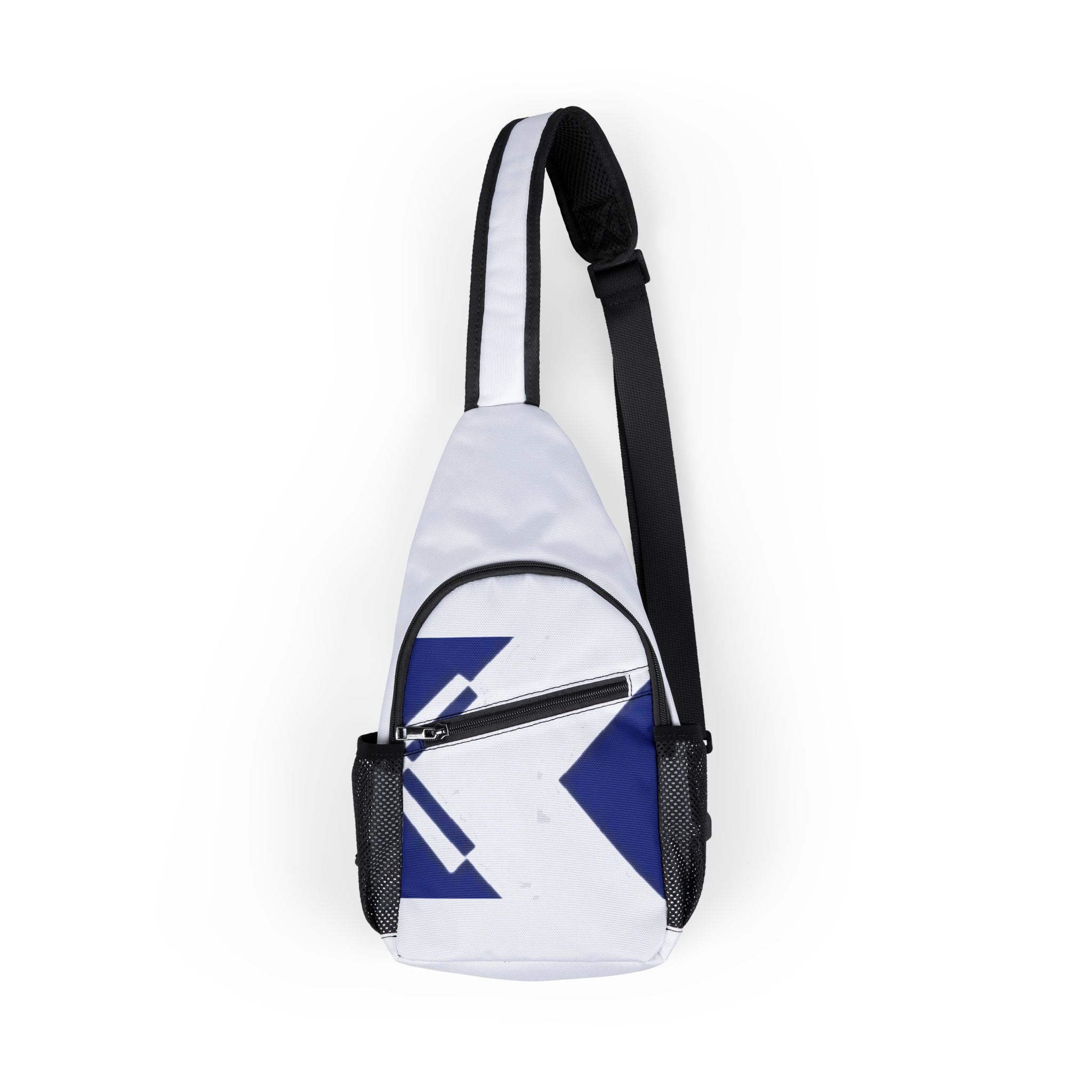 Geometric Arrow Chest Bag — White & Navy Sling Pack