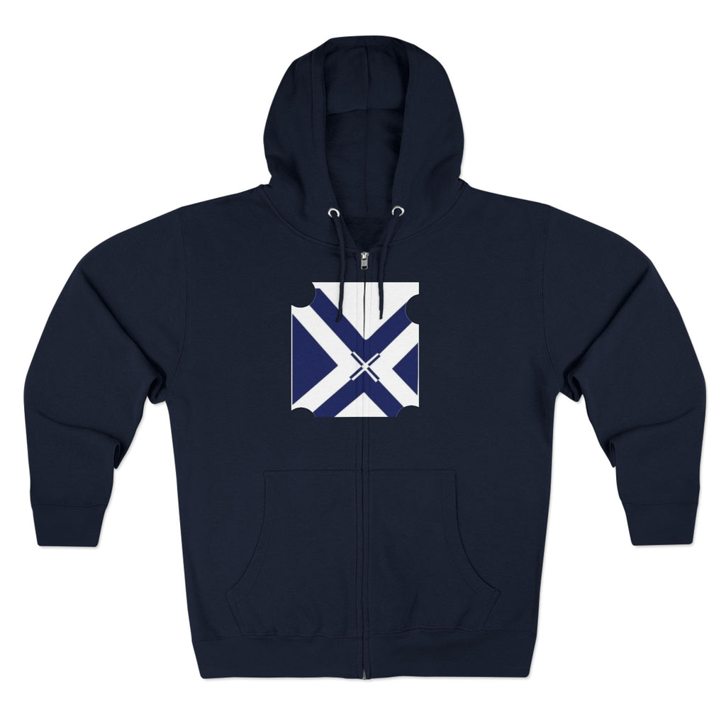 XT7 Saltire Zip Hoodie — Navy X Flag Design