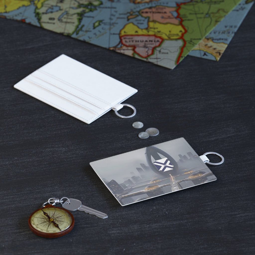 Saffiano Leather Card Holder — Futuristic Cityscape RFID Wallet with Keyring