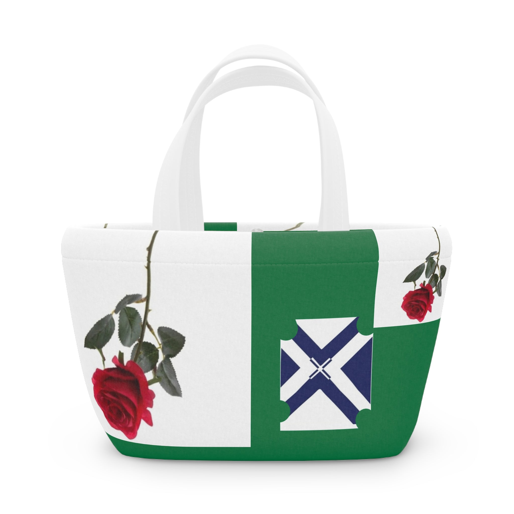 Green Rose Lunch Bag with Nautical Cross Accent — Insulated Floral Tote for Work & School