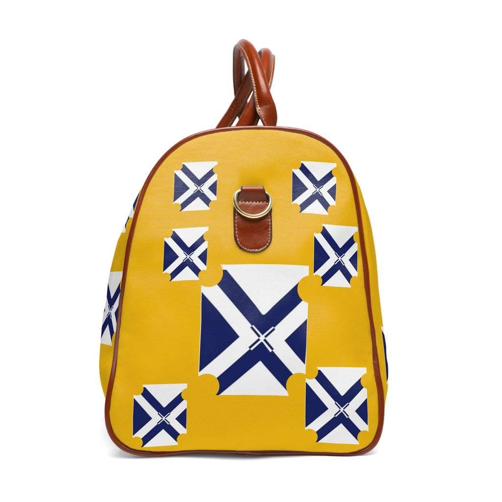 XT6 Waterproof Travel Duffel Bag — White Canvas with Brown Leather Trim & Minimal Blue Logo