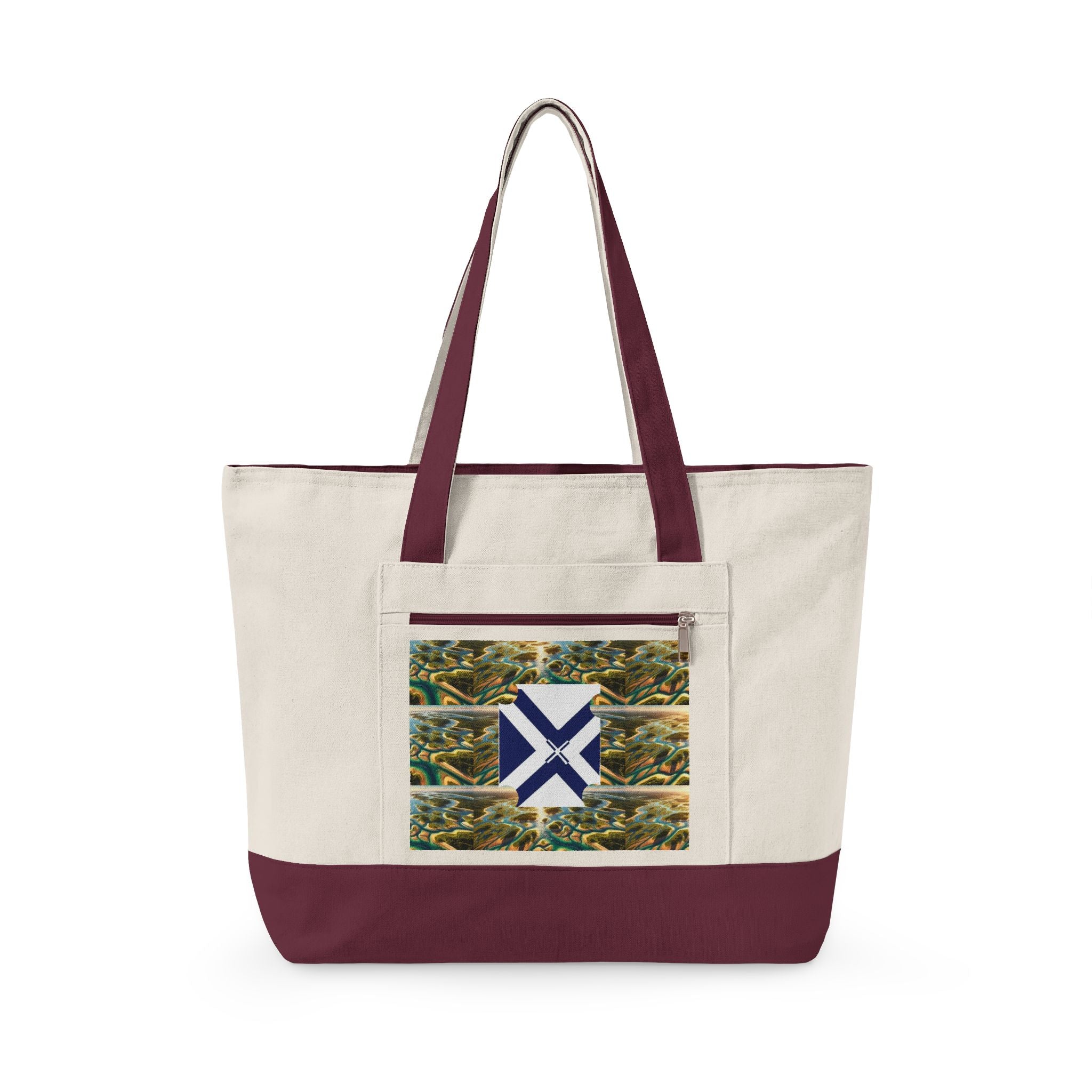 Canvas Tote Bag — Rustic Pine Forest Patch with Navy Saltire